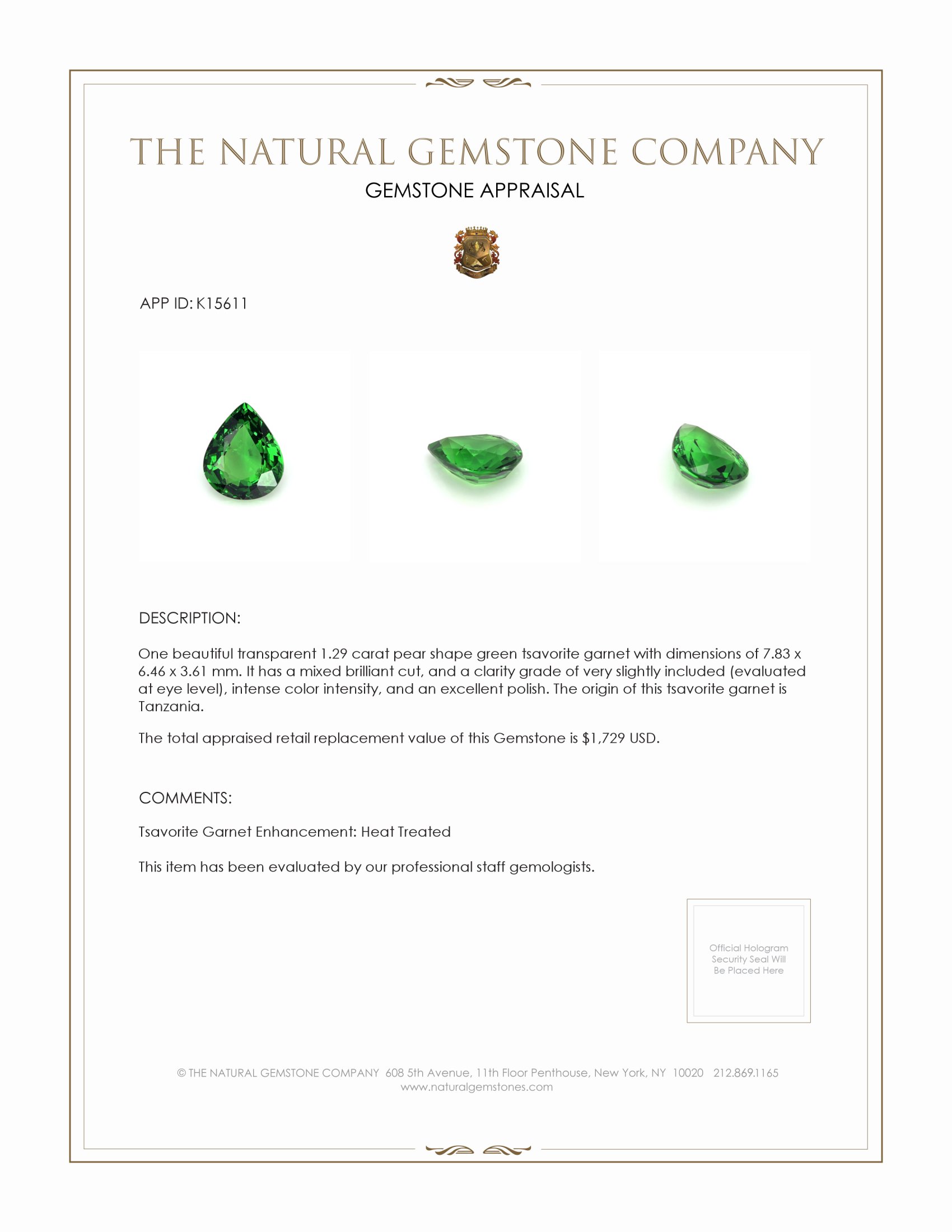 1.29 Ct. Tsavorite Garnet from Tanzania