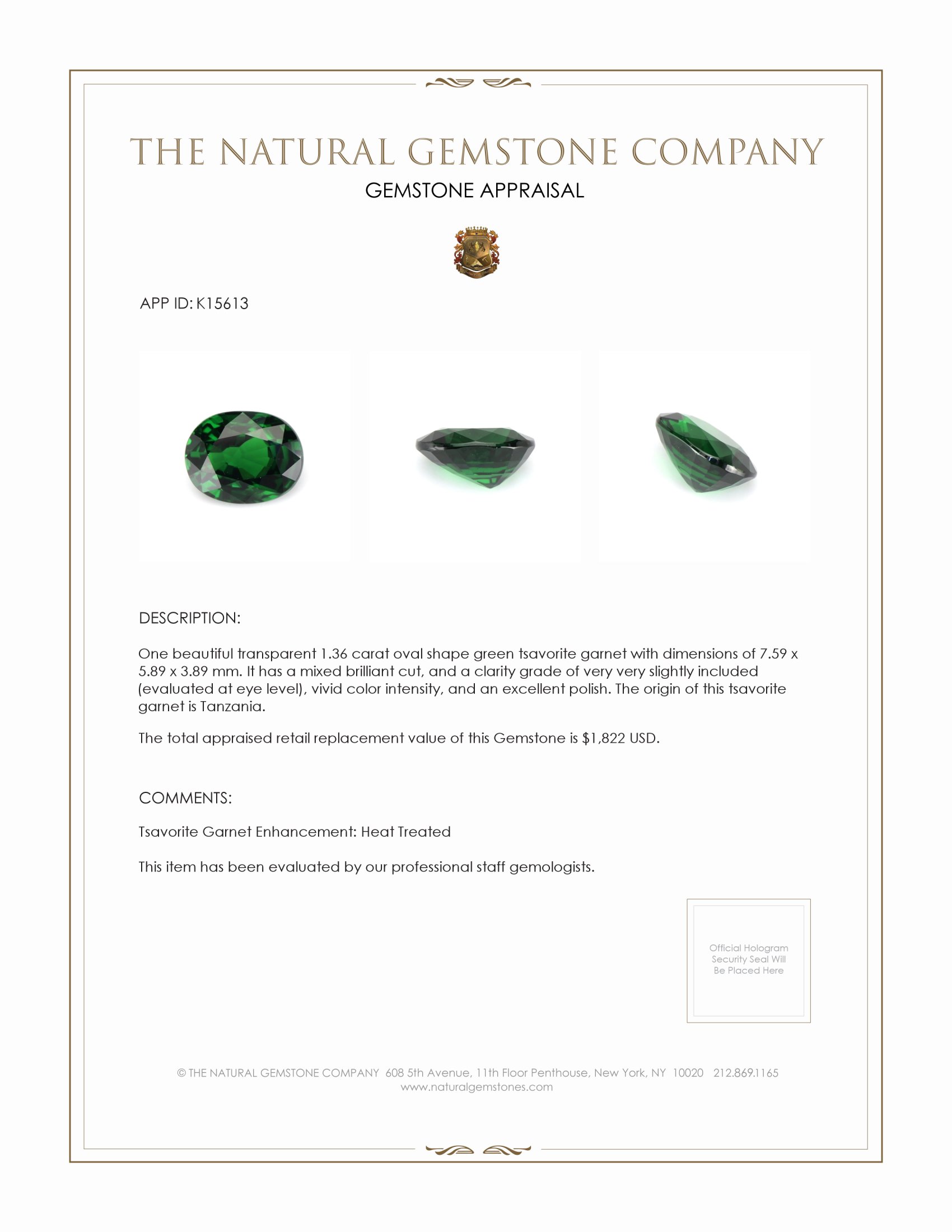1.36 Ct. Tsavorite Garnet from Tanzania