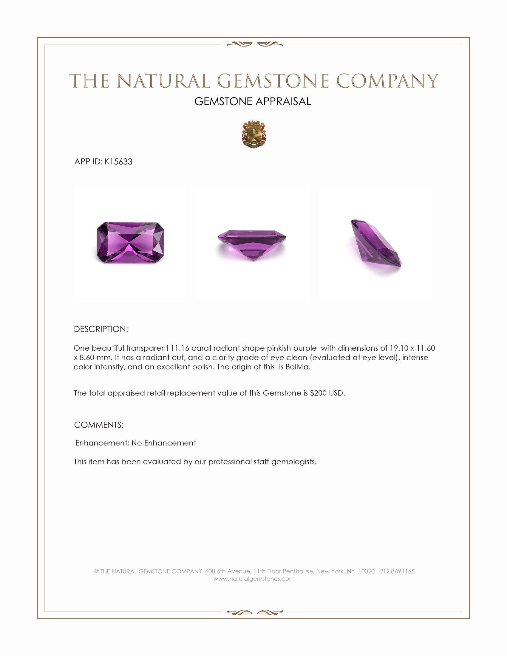 11.16 Ct. Pinkish Purple Amethyst from Bolivia