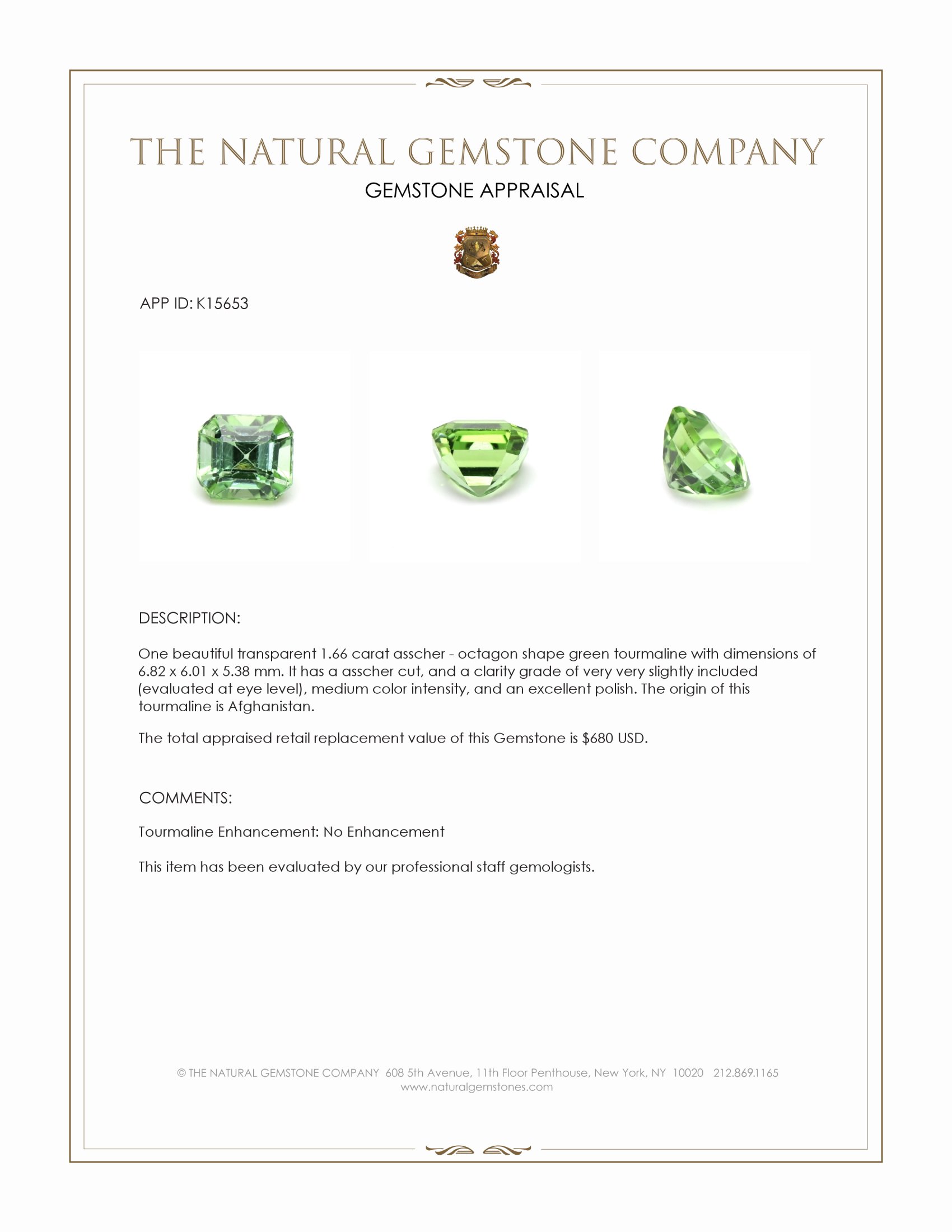 1.66 Ct. Green Tourmaline from Afghanistan