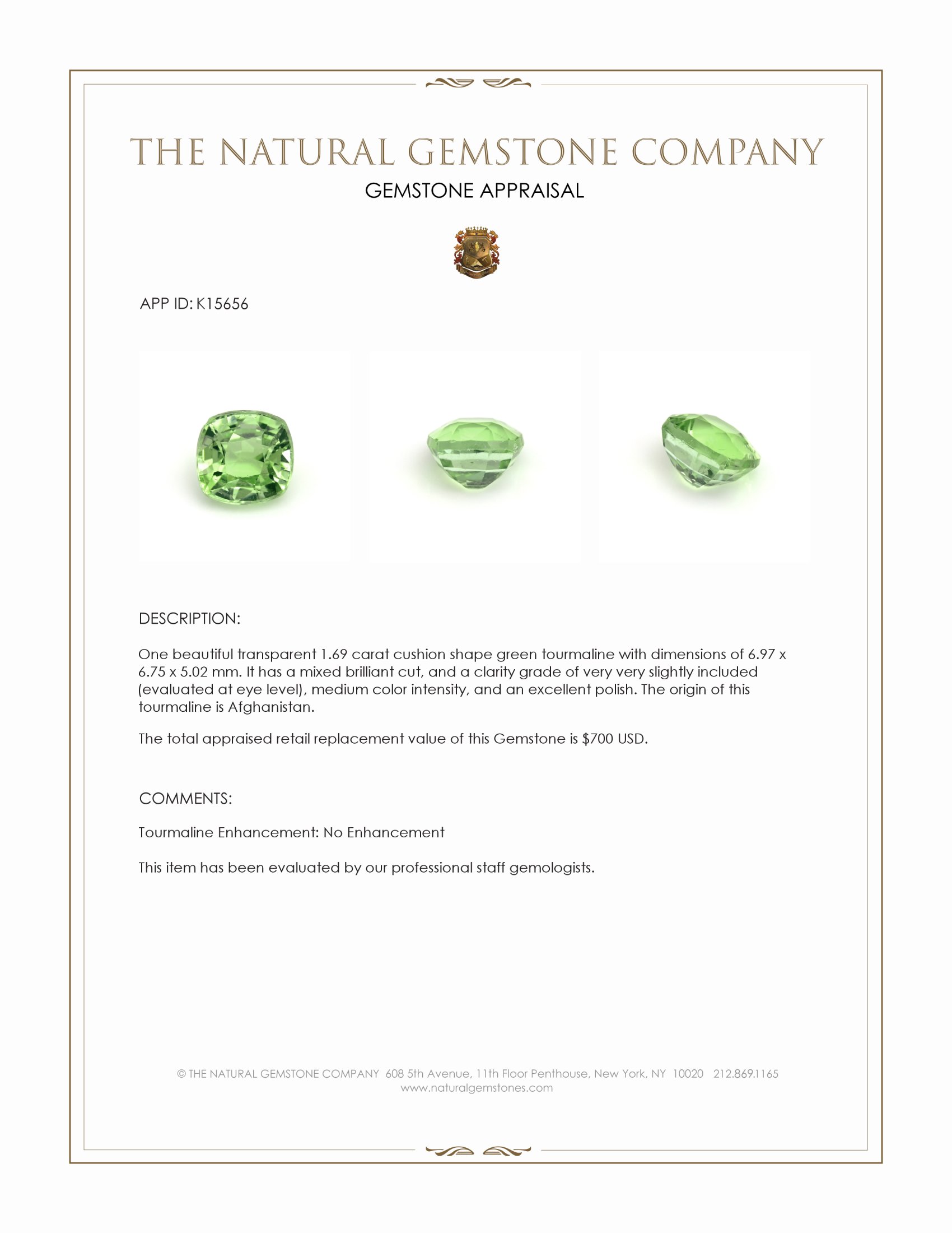 1.69 Ct. Green Tourmaline from Afghanistan