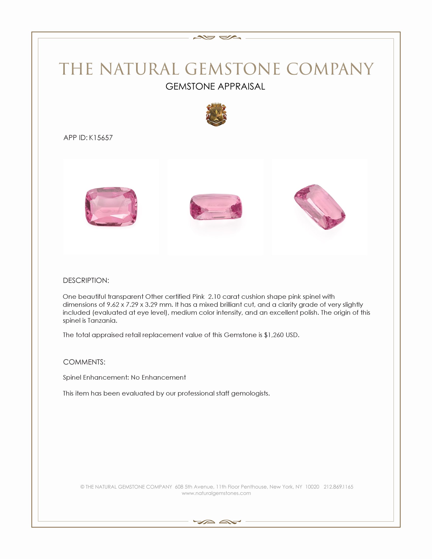 2.10 Ct. Pink Spinel from Tanzania