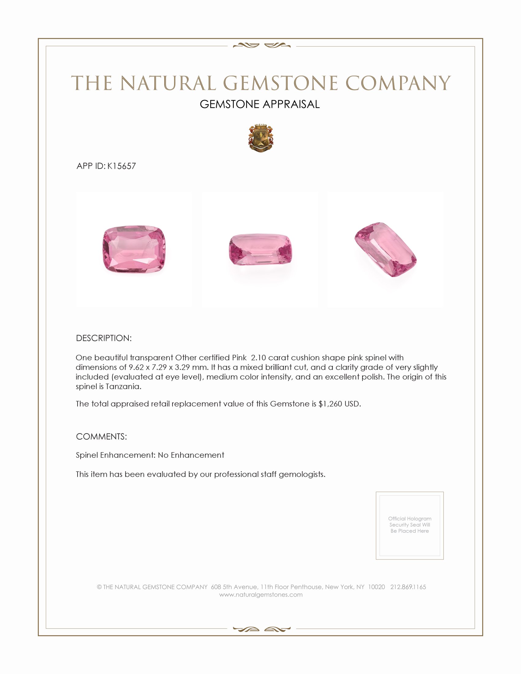 2.10 Ct. Spinel from Tanzania