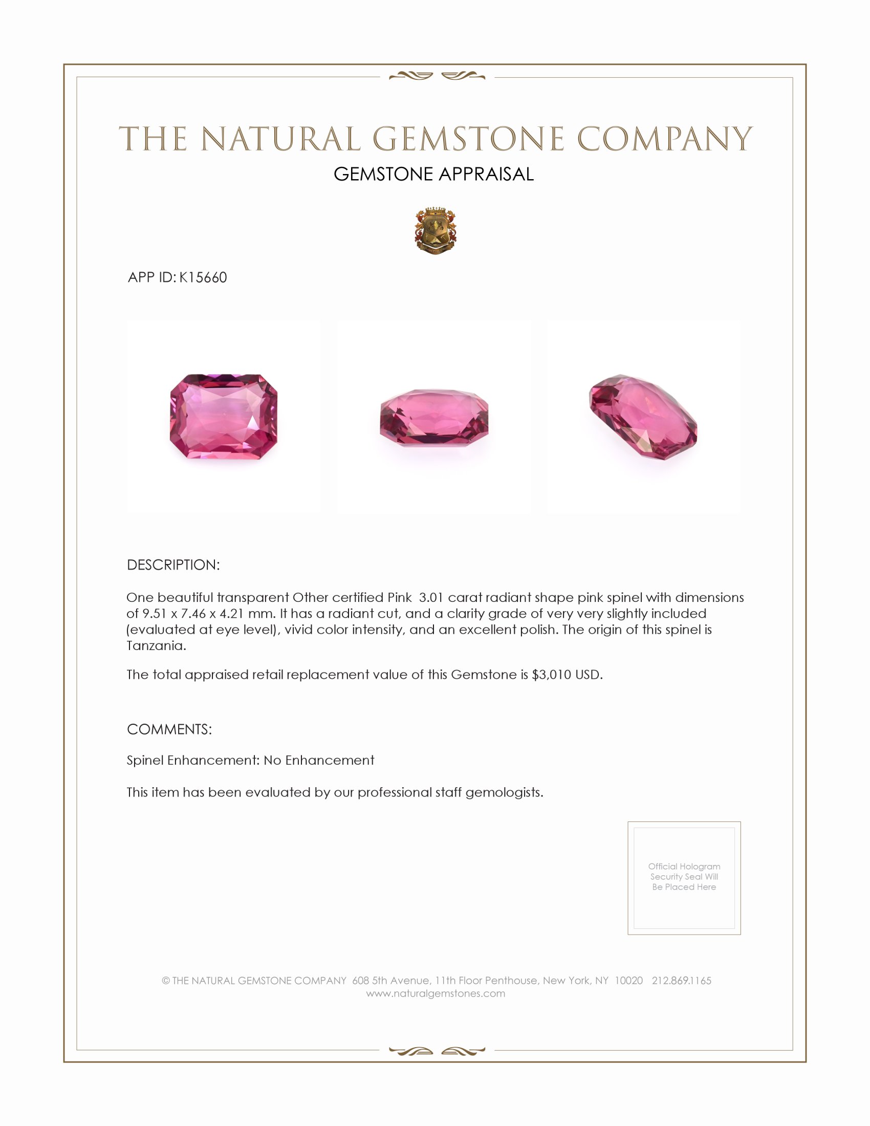 3.01 Ct. Spinel from Tanzania