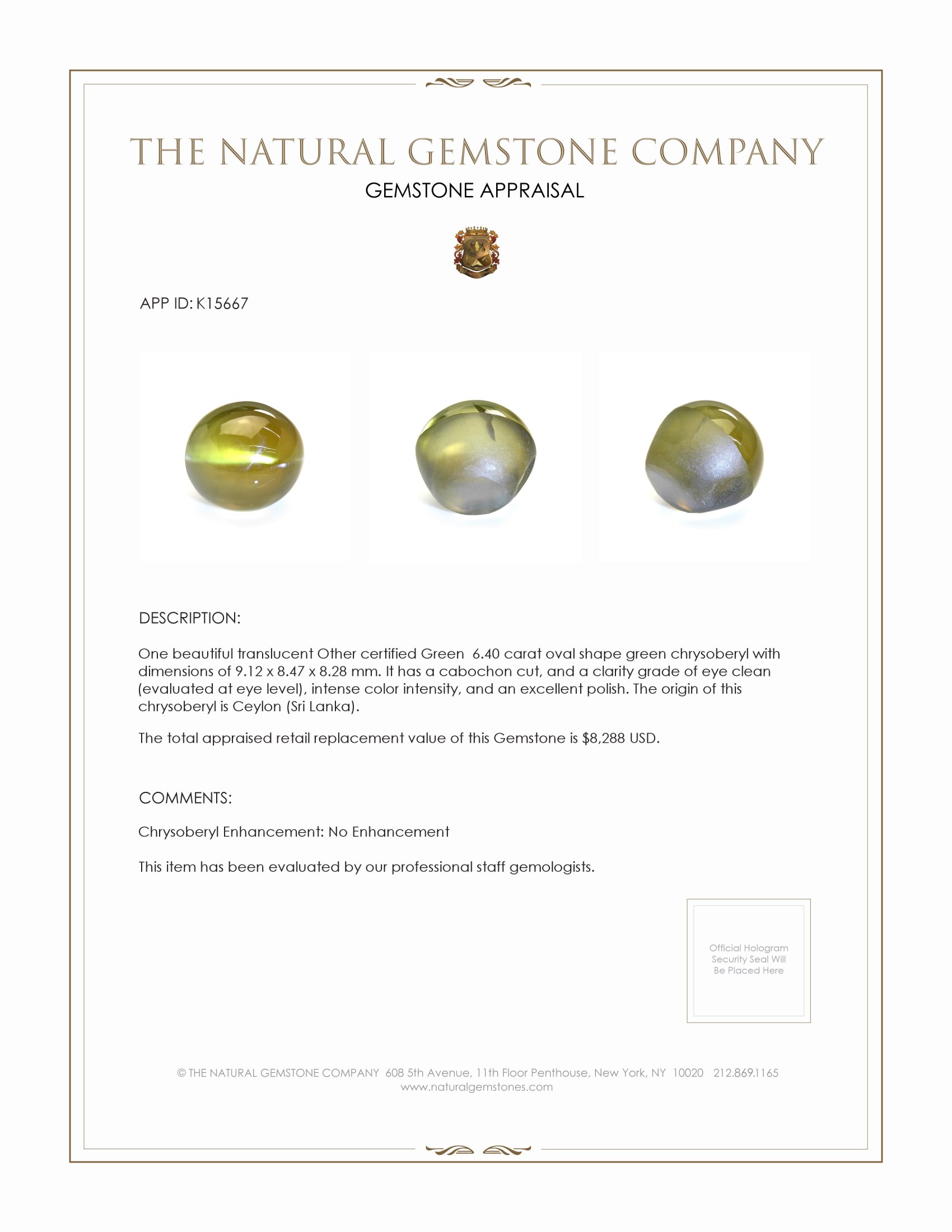 6.40 Ct. Cabochon Chrysoberyl from Ceylon (Sri Lanka)