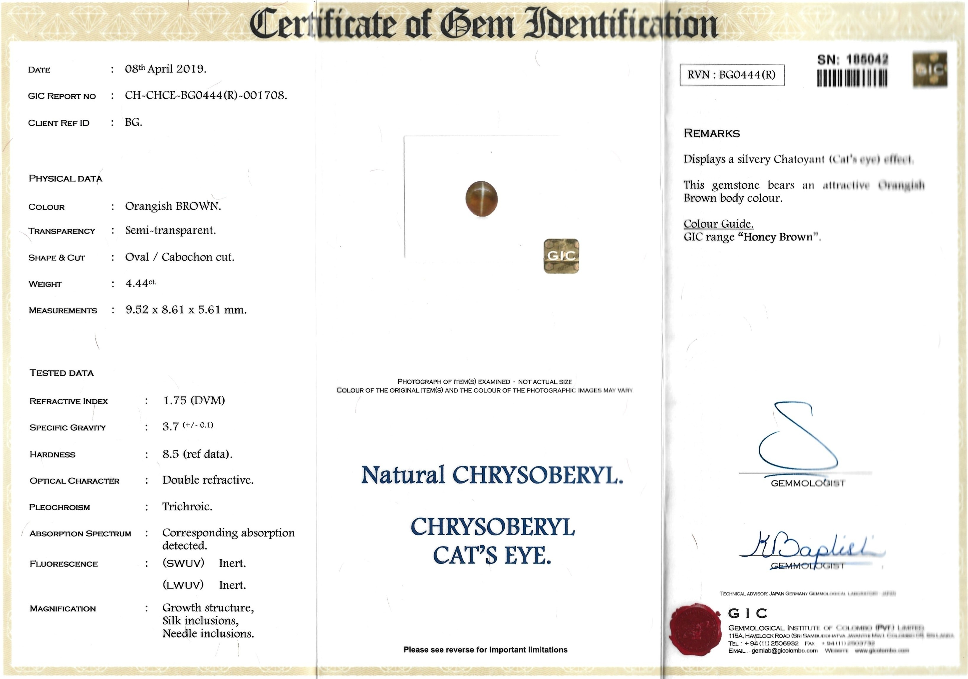 4.44 Ct. Cabochon Chrysoberyl from Ceylon (Sri Lanka)