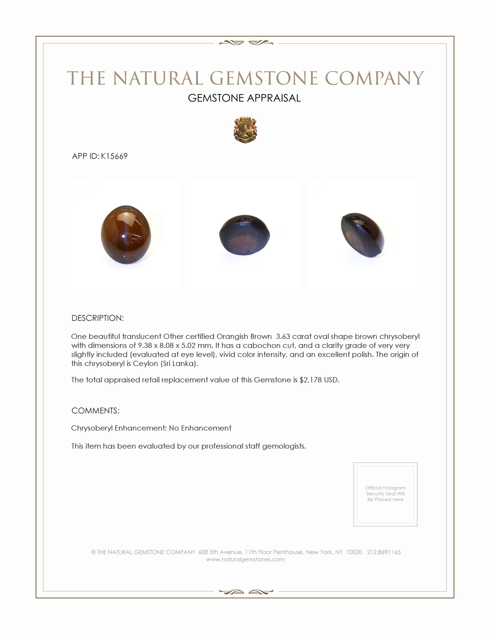 3.63 Ct. Cabochon Chrysoberyl from Ceylon (Sri Lanka)