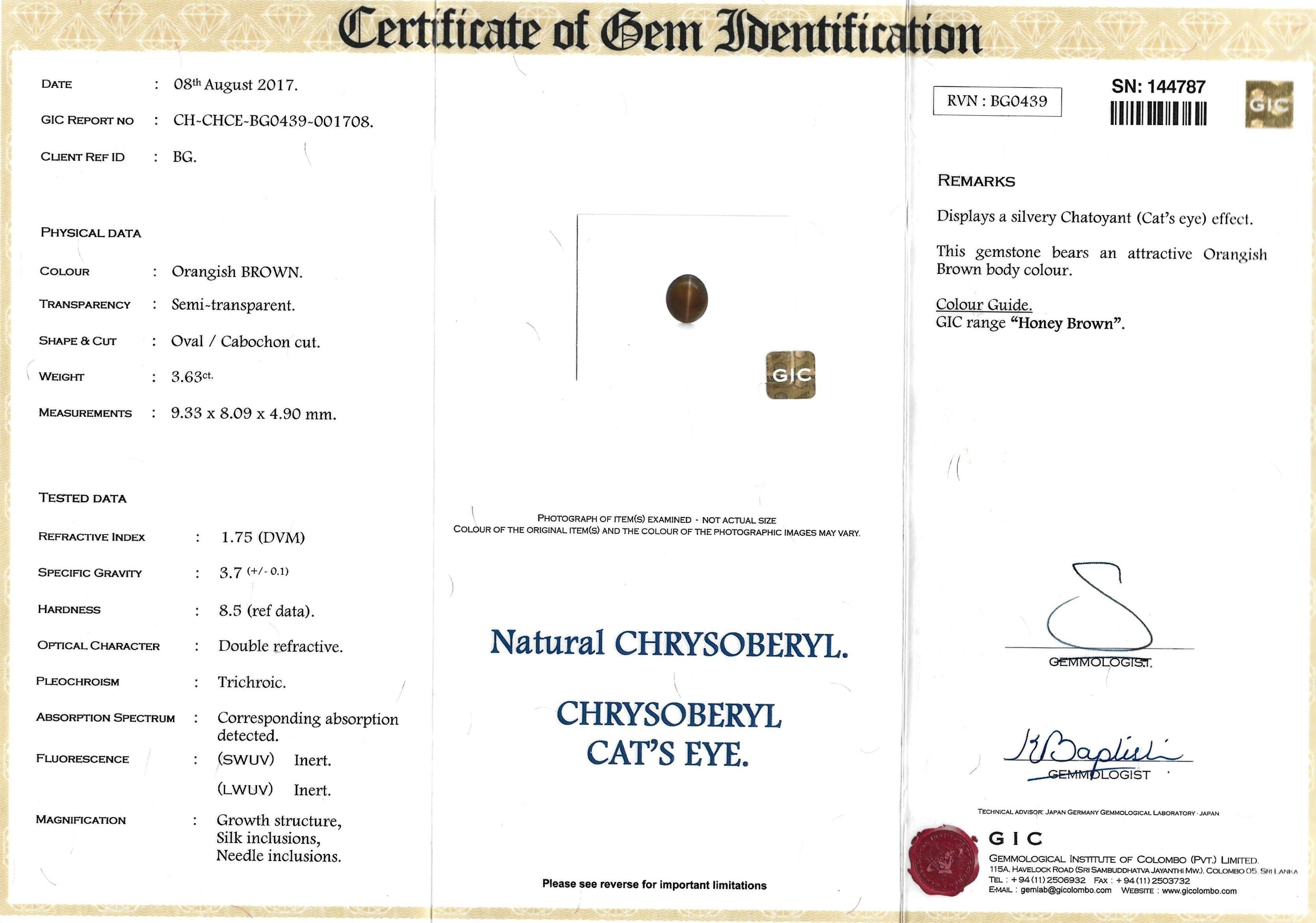 3.63 Ct. Cabochon Chrysoberyl from Ceylon (Sri Lanka)