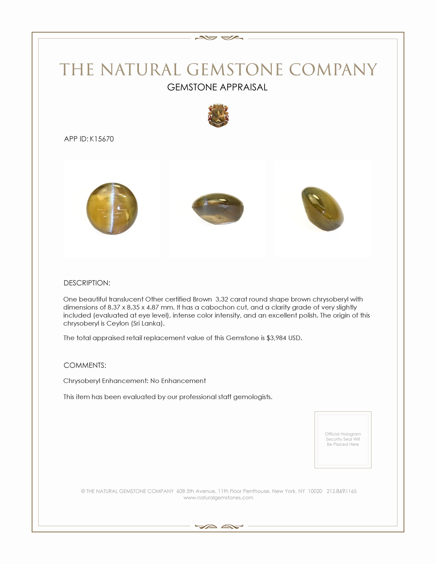 3.32 Ct. Cabochon Chrysoberyl from Ceylon (Sri Lanka)