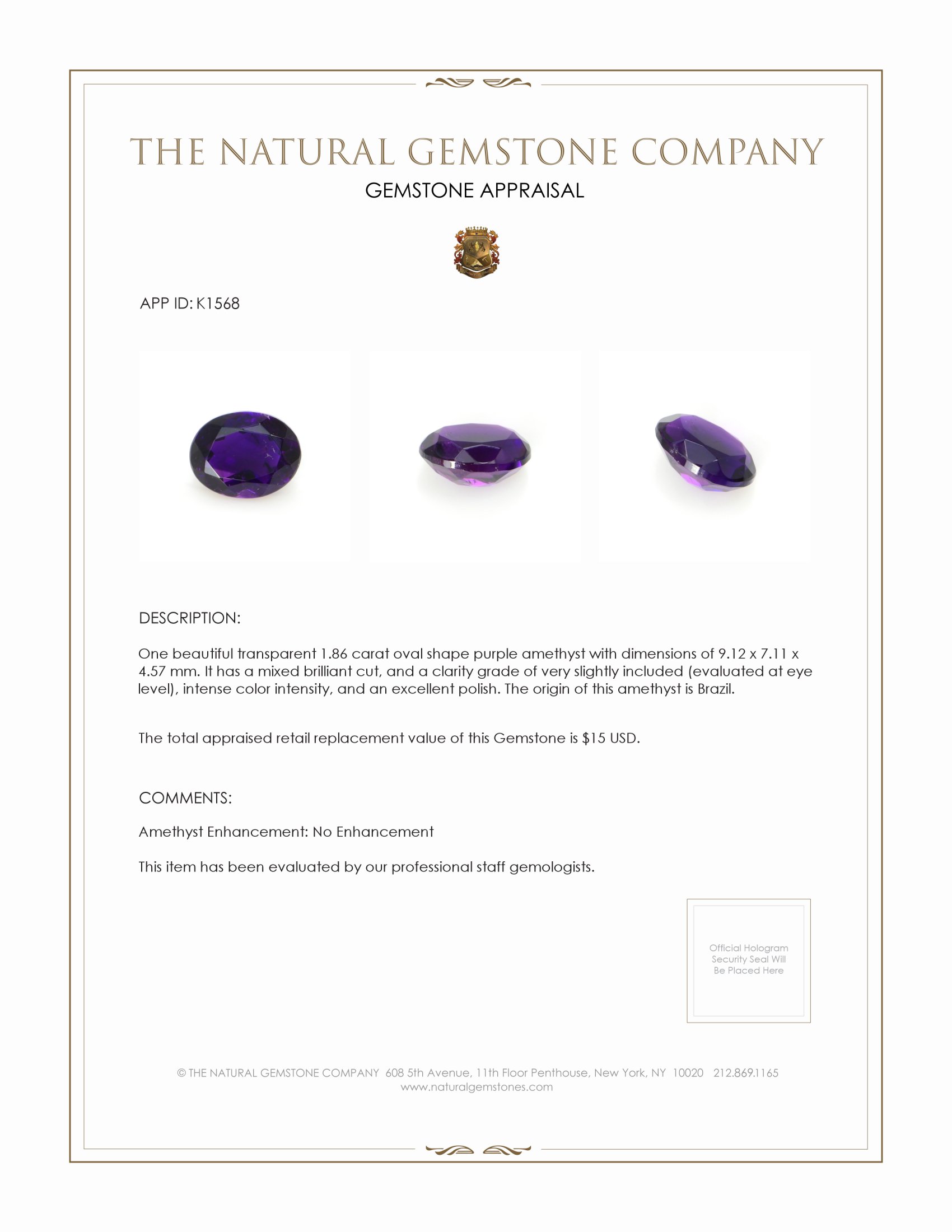 1.86 Ct. Purple Amethyst from Brazil
