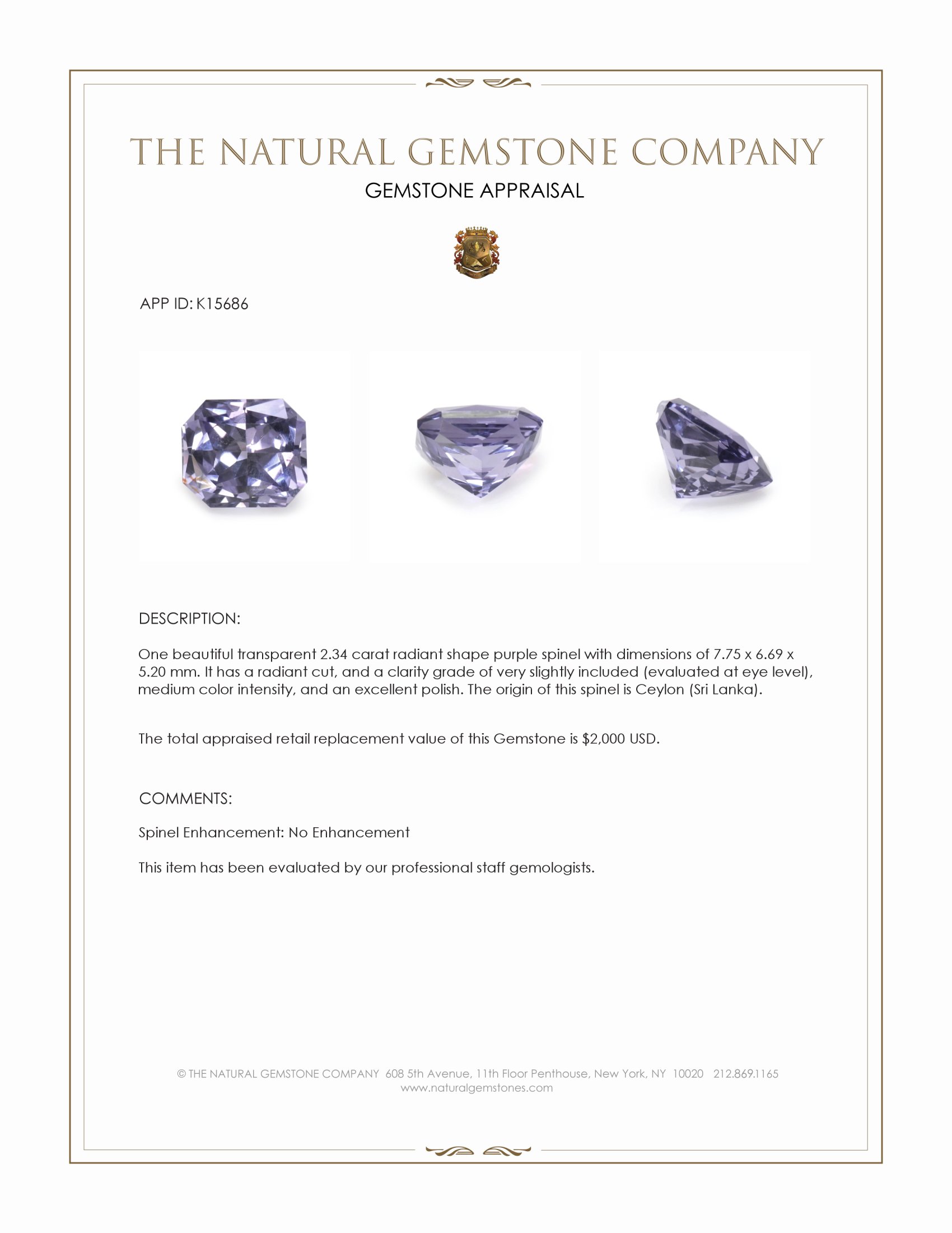 2.34 Ct. Purple Spinel from Ceylon (Sri Lanka)