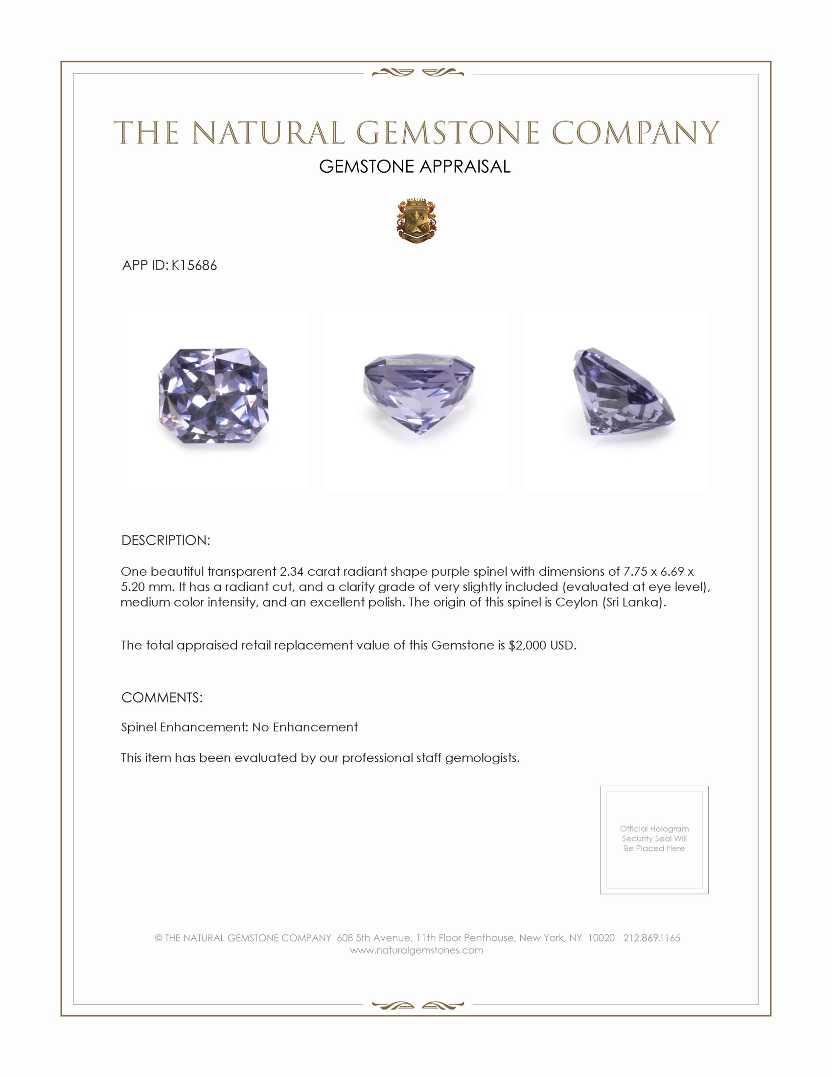 2.34 Ct. Spinel from Ceylon (Sri Lanka)