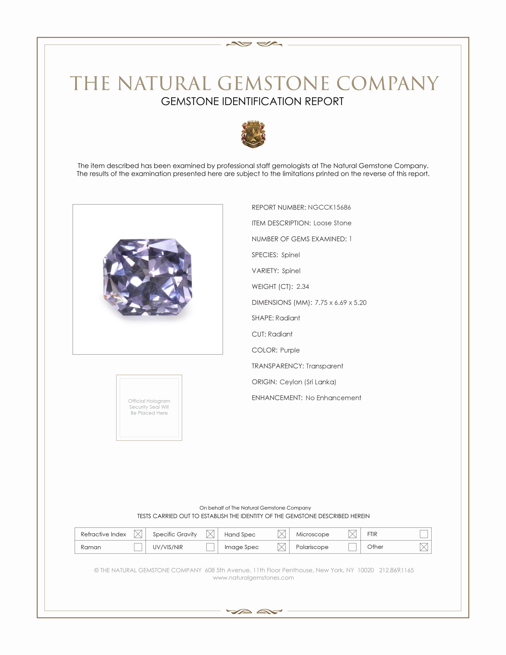 2.34 Ct. Purple Spinel from Ceylon (Sri Lanka)
