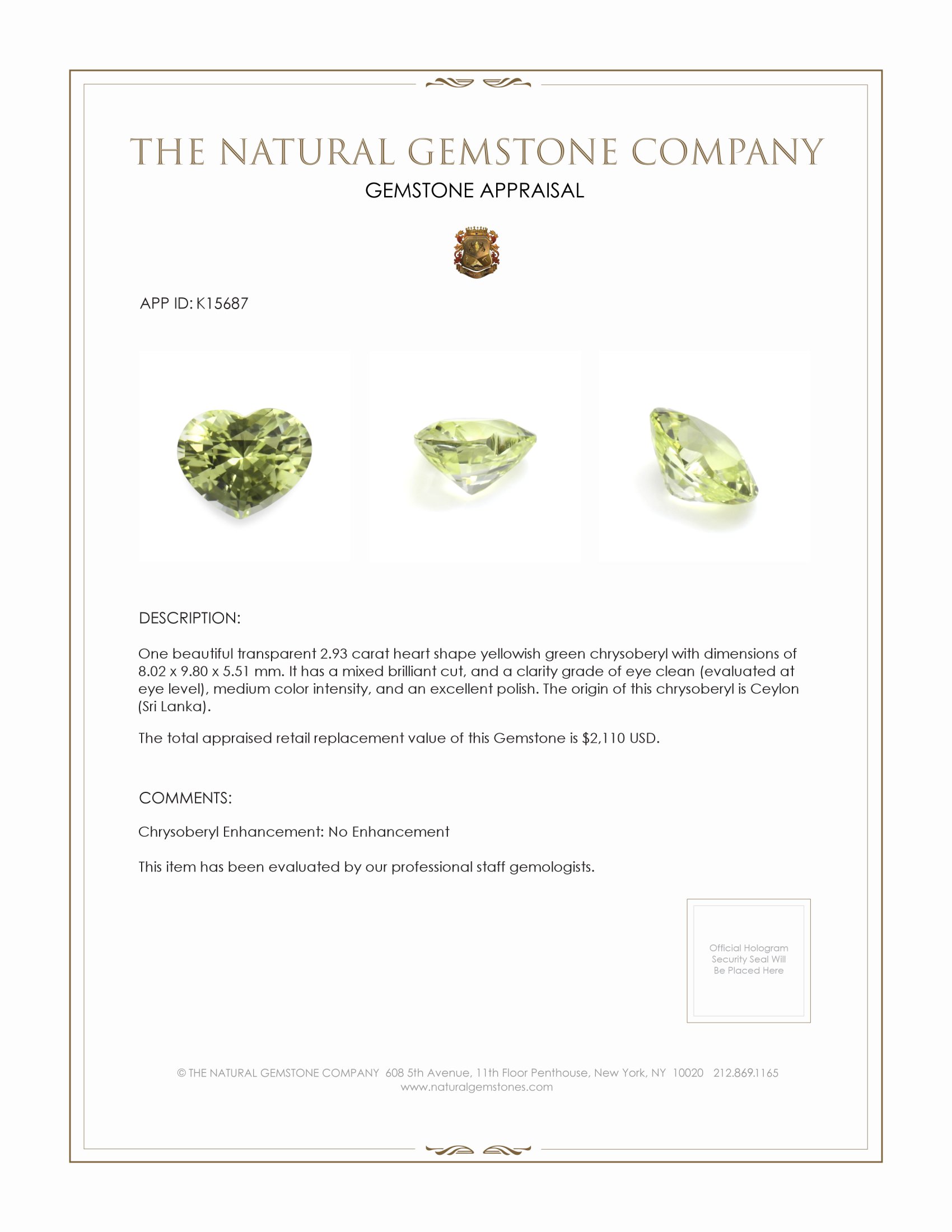2.93 Ct. Yellowish Green Chrysoberyl from Ceylon (Sri Lanka)