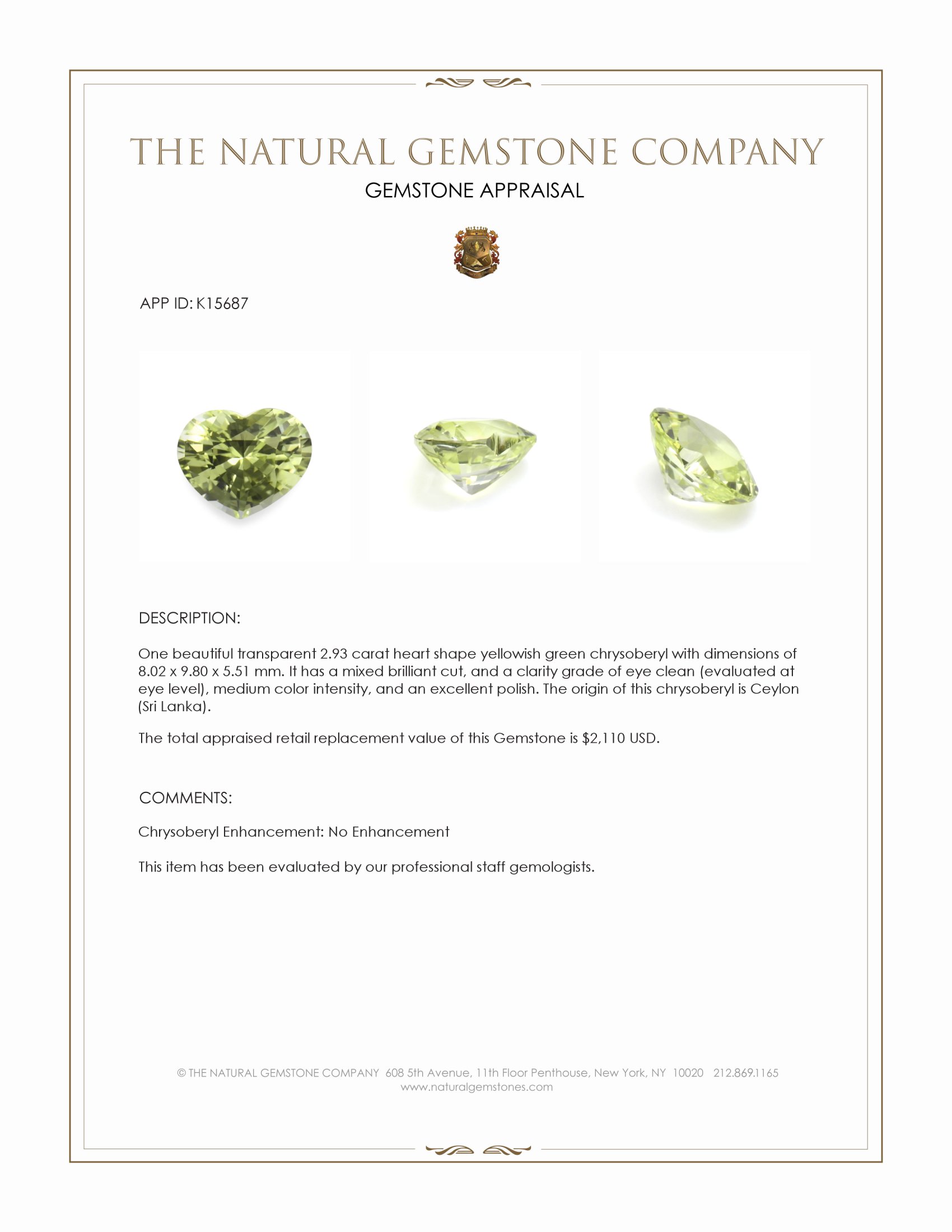 2.93 Ct. Yellowish Green Chrysoberyl from Ceylon (Sri Lanka)