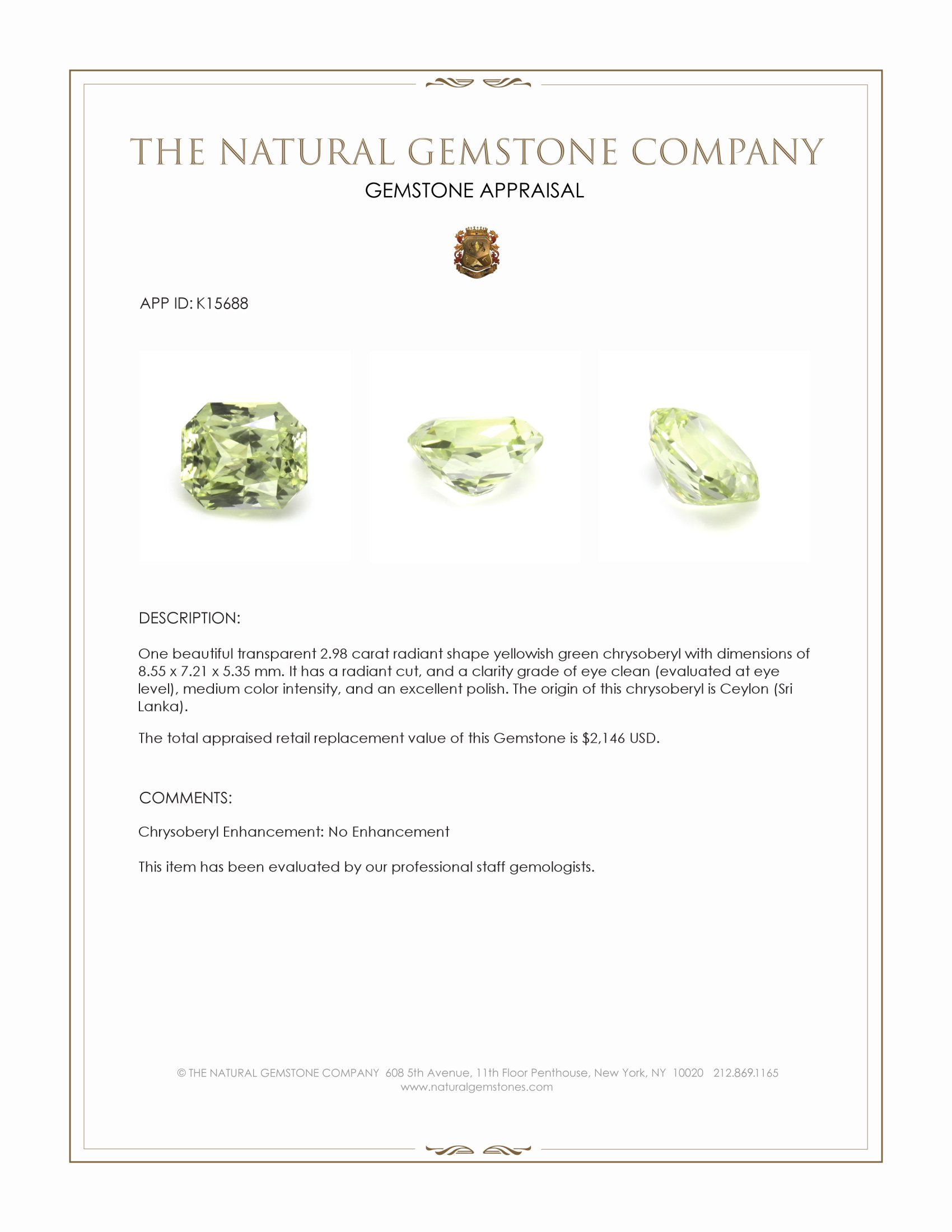 2.98 Ct. Yellowish Green Chrysoberyl from Ceylon (Sri Lanka)