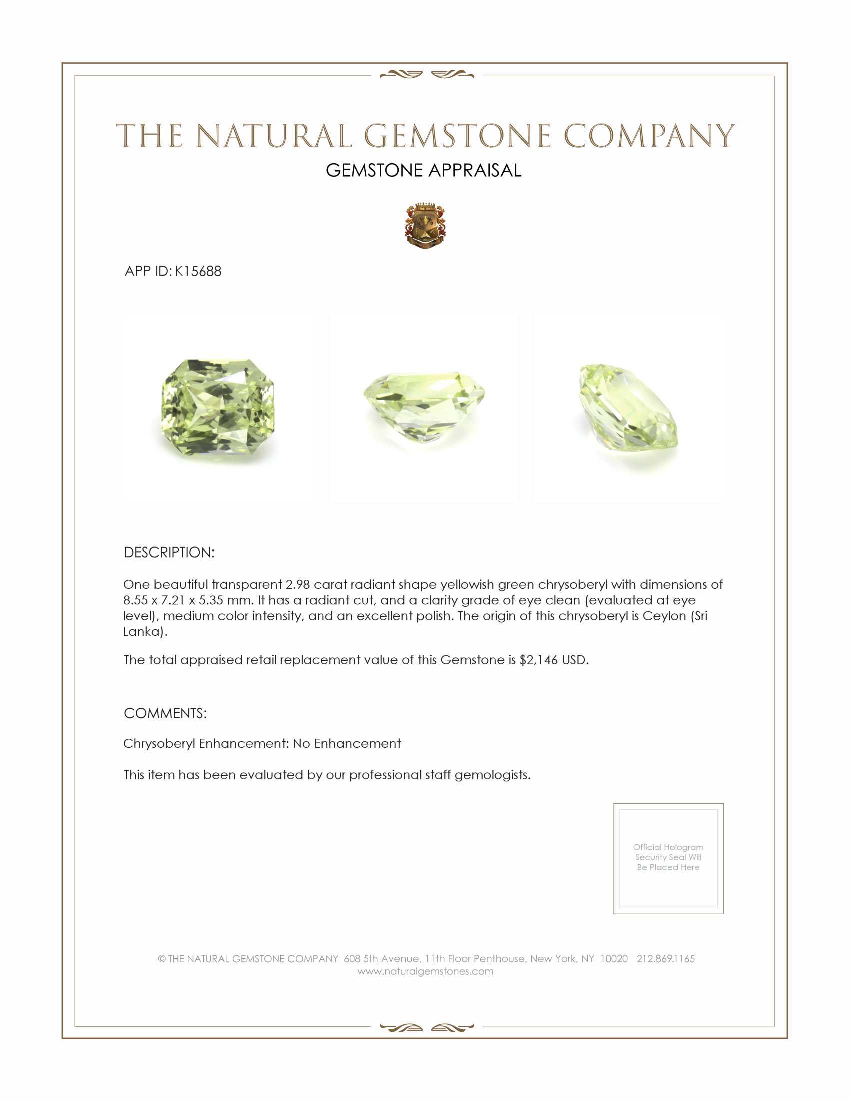2.98 Ct. Chrysoberyl from Ceylon (Sri Lanka)