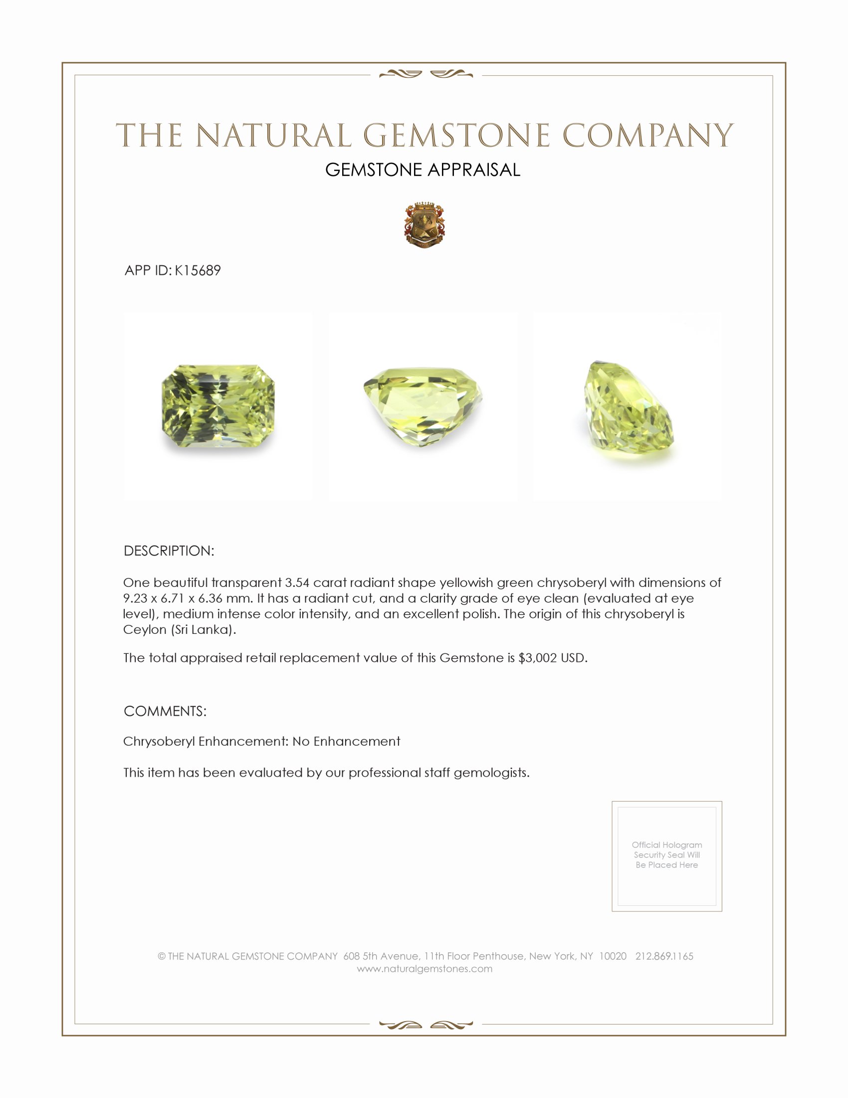 3.54 Ct. Chrysoberyl from Ceylon (Sri Lanka)