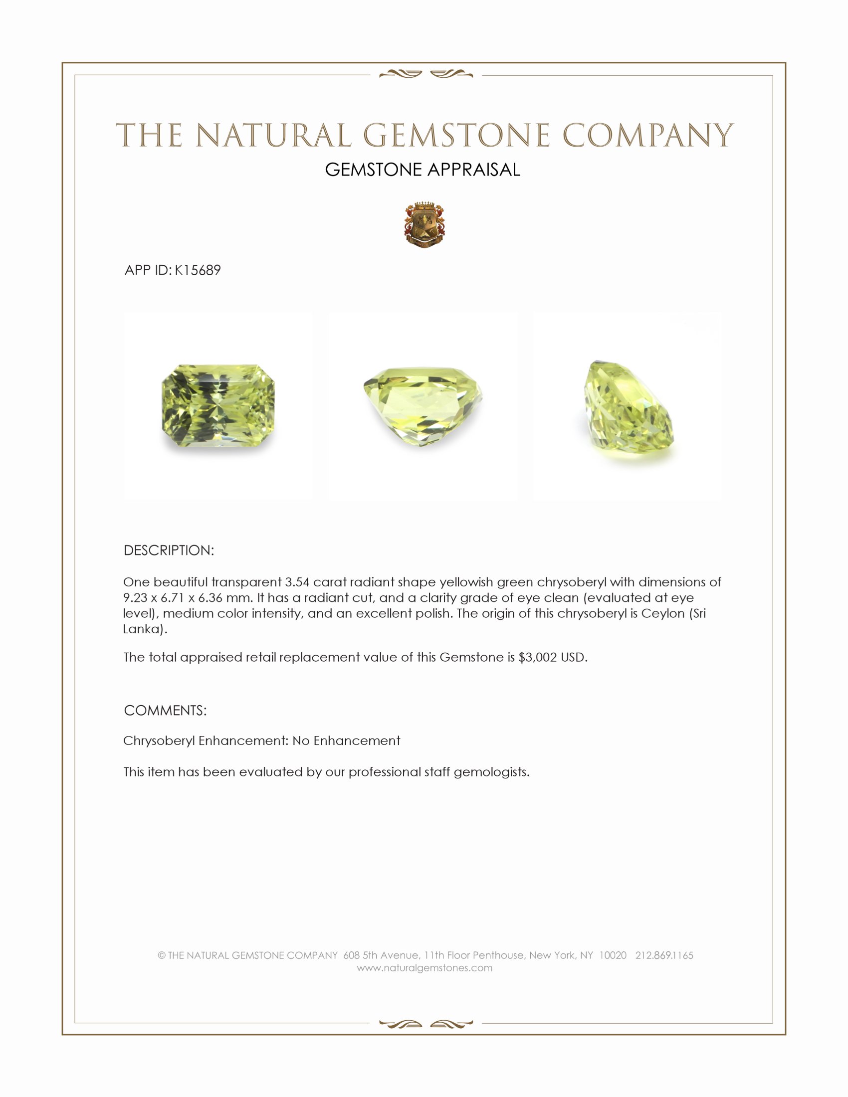3.54 Ct. Chrysoberyl from Ceylon (Sri Lanka)