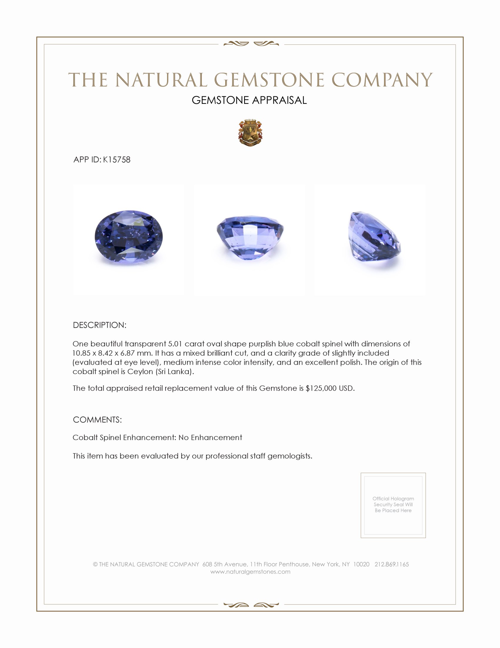 5.01 Ct. Cobalt Spinel from Ceylon (Sri Lanka)