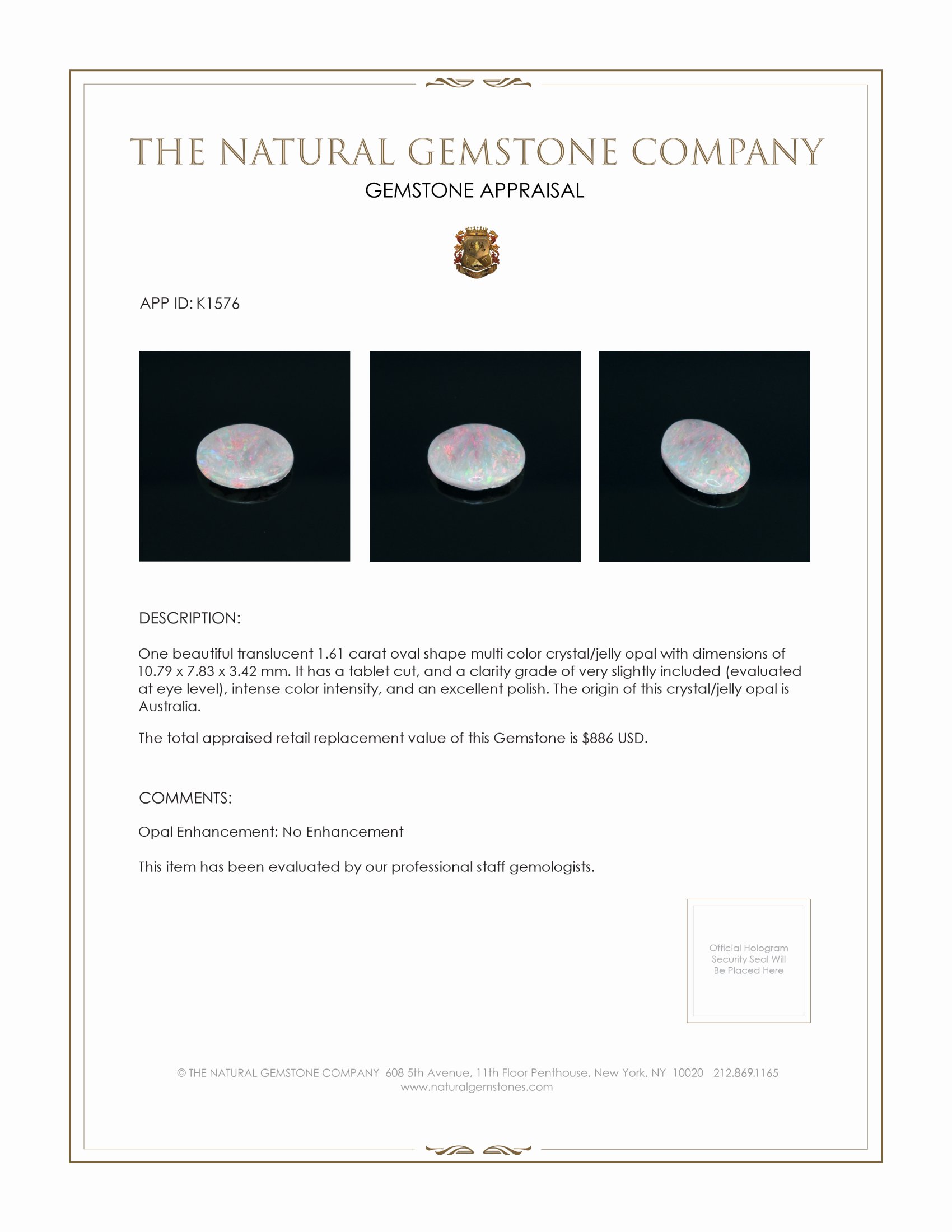 1.61 Ct. Crystal/Jelly Opal from Australia