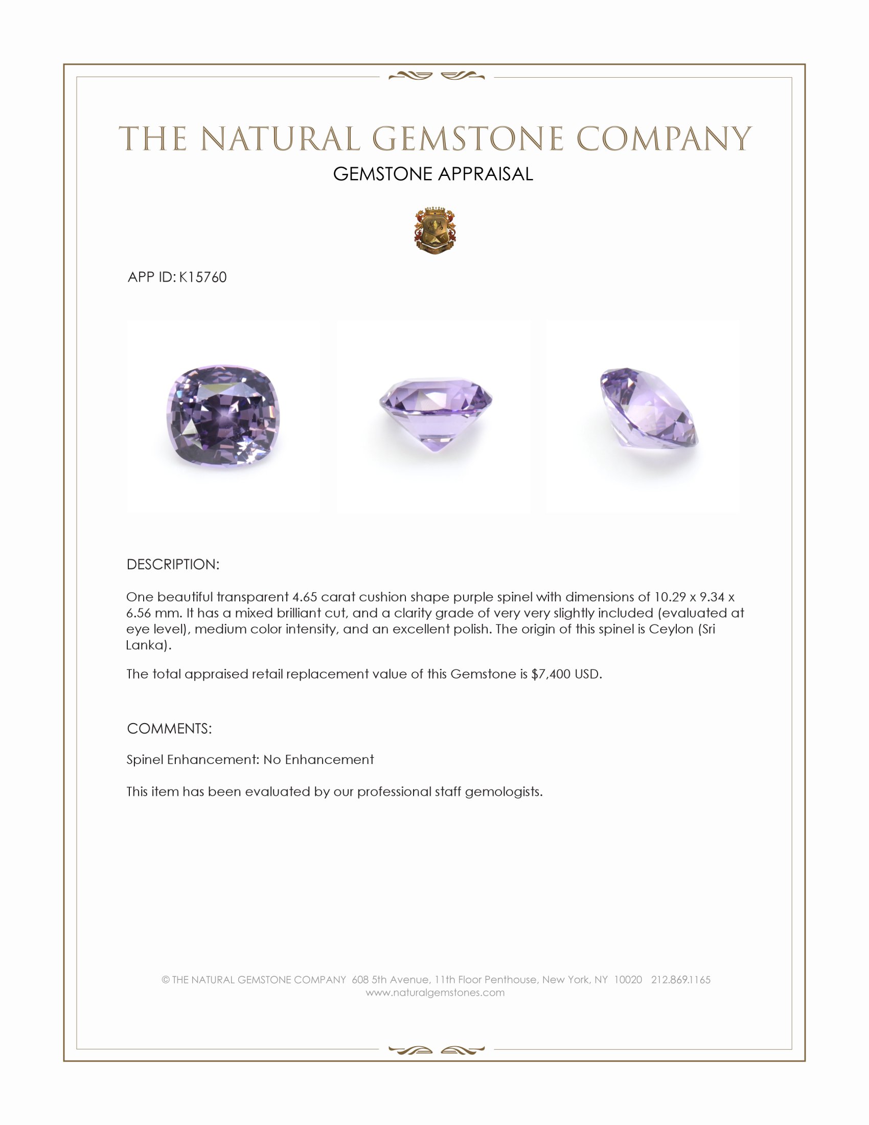 4.65 Ct. Purple Spinel from Ceylon (Sri Lanka)