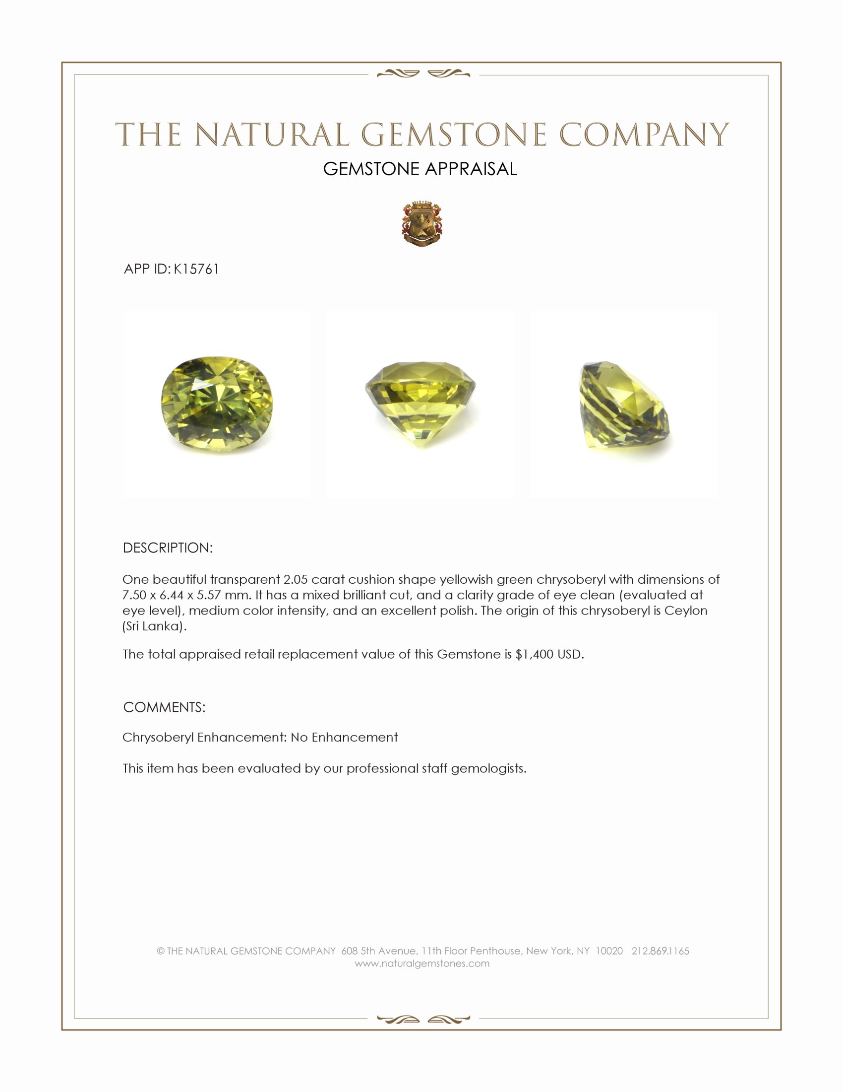 2.05 Ct. Yellowish Green Chrysoberyl from Ceylon (Sri Lanka)