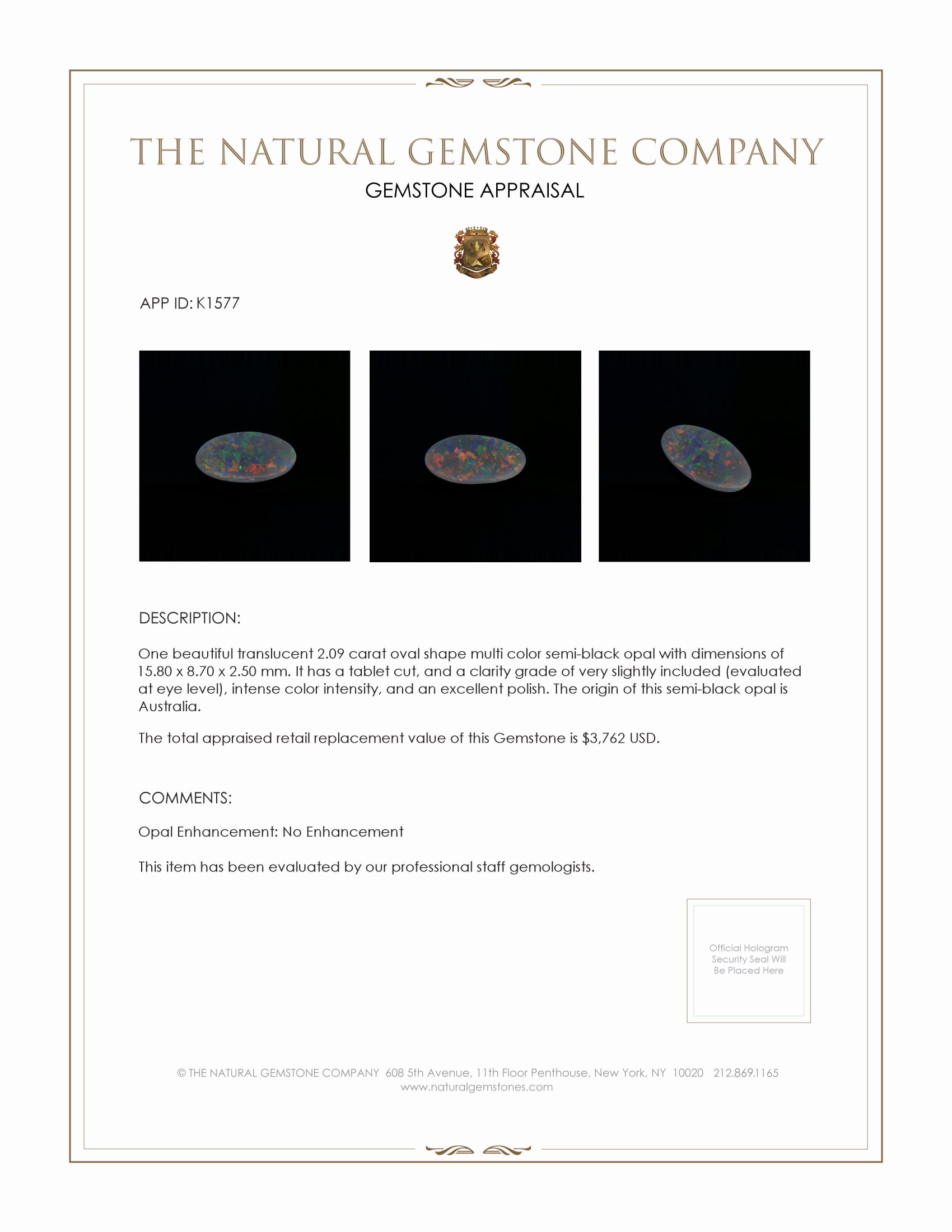 2.09 Ct. Semi-Black Opal from Australia