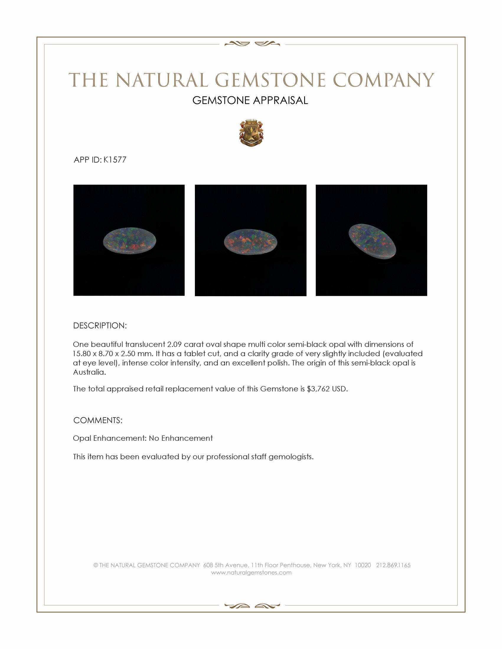 2.09 Ct. Multi Color Semi-Black Opal from Australia