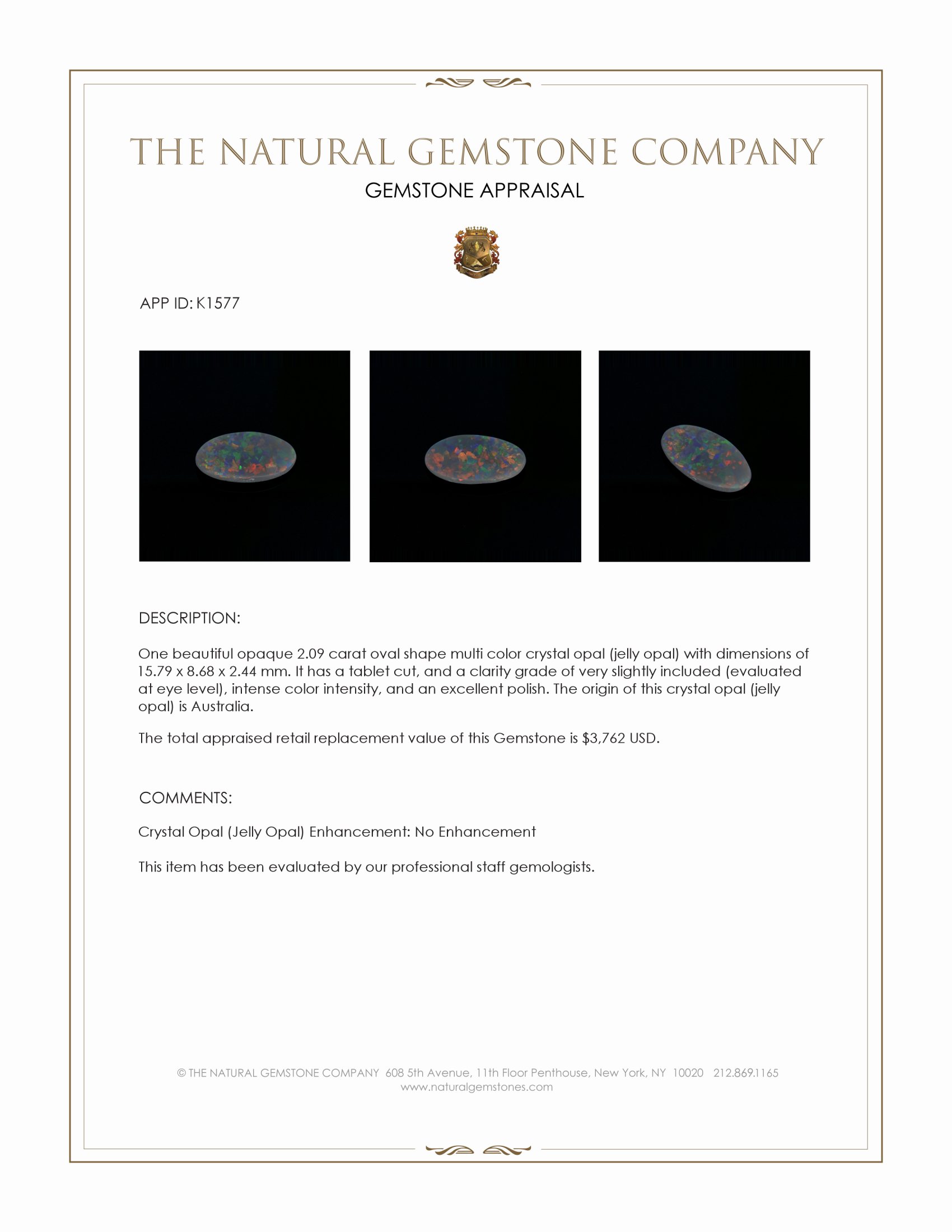 2.09 Ct. Multi Color Crystal Opal (Jelly Opal) from Australia