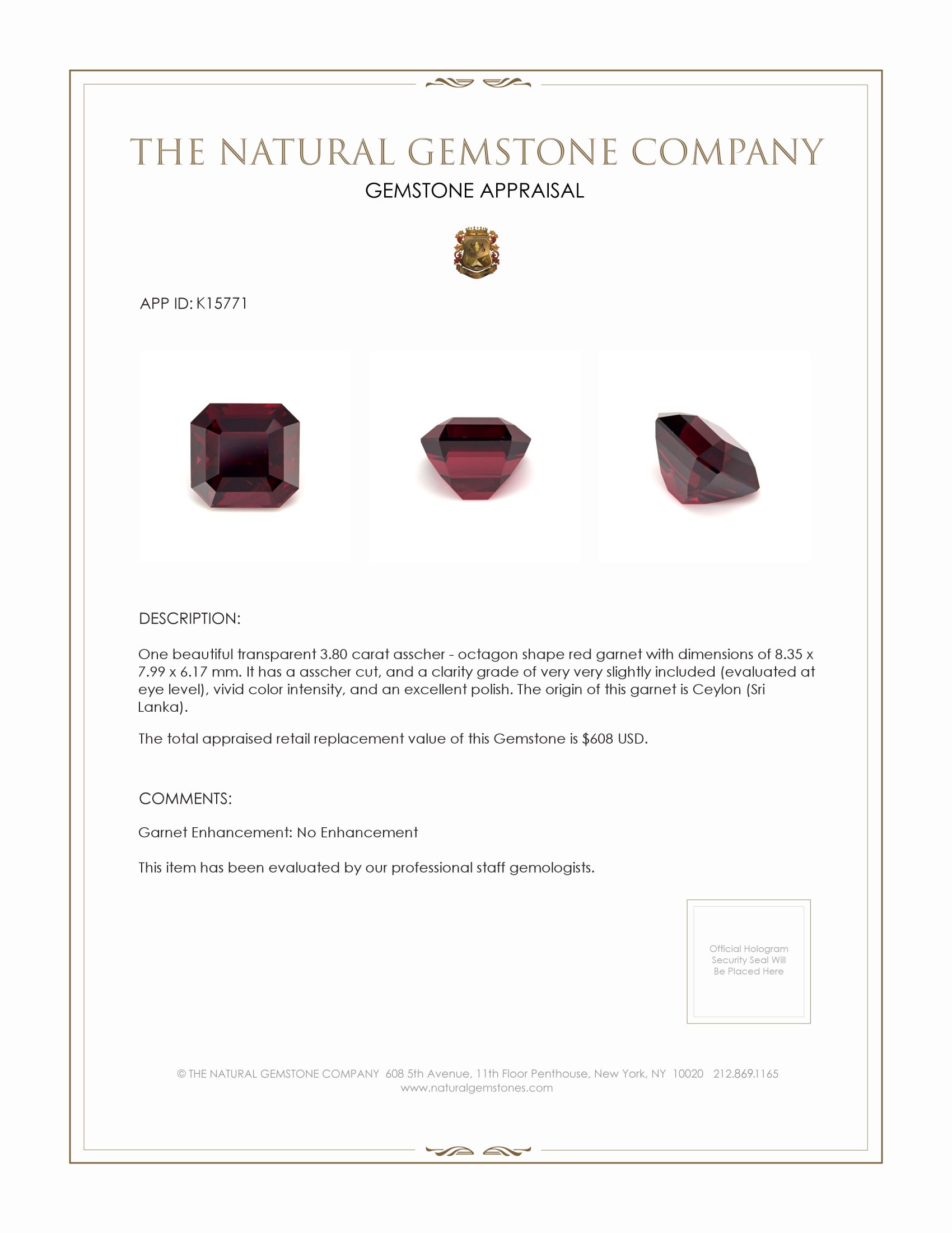 3.80 Ct. Garnet from Ceylon (Sri Lanka)