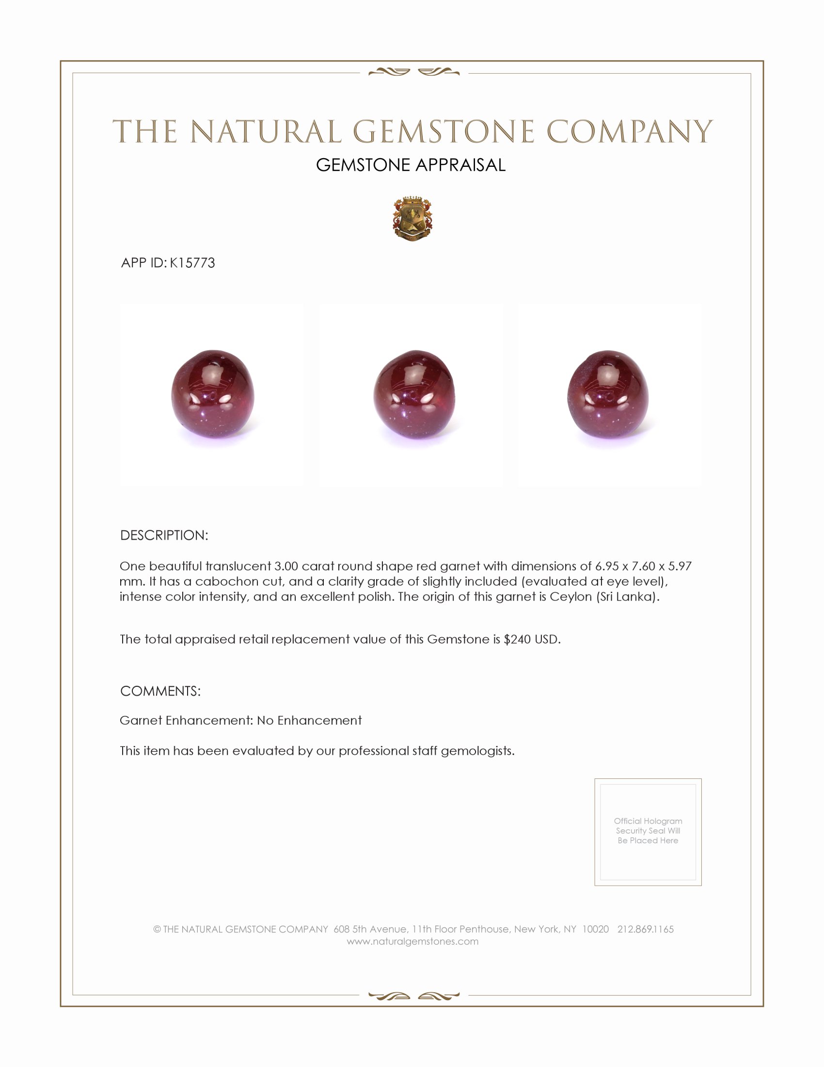 3.00 Ct. Cabochon Garnet from Ceylon (Sri Lanka)