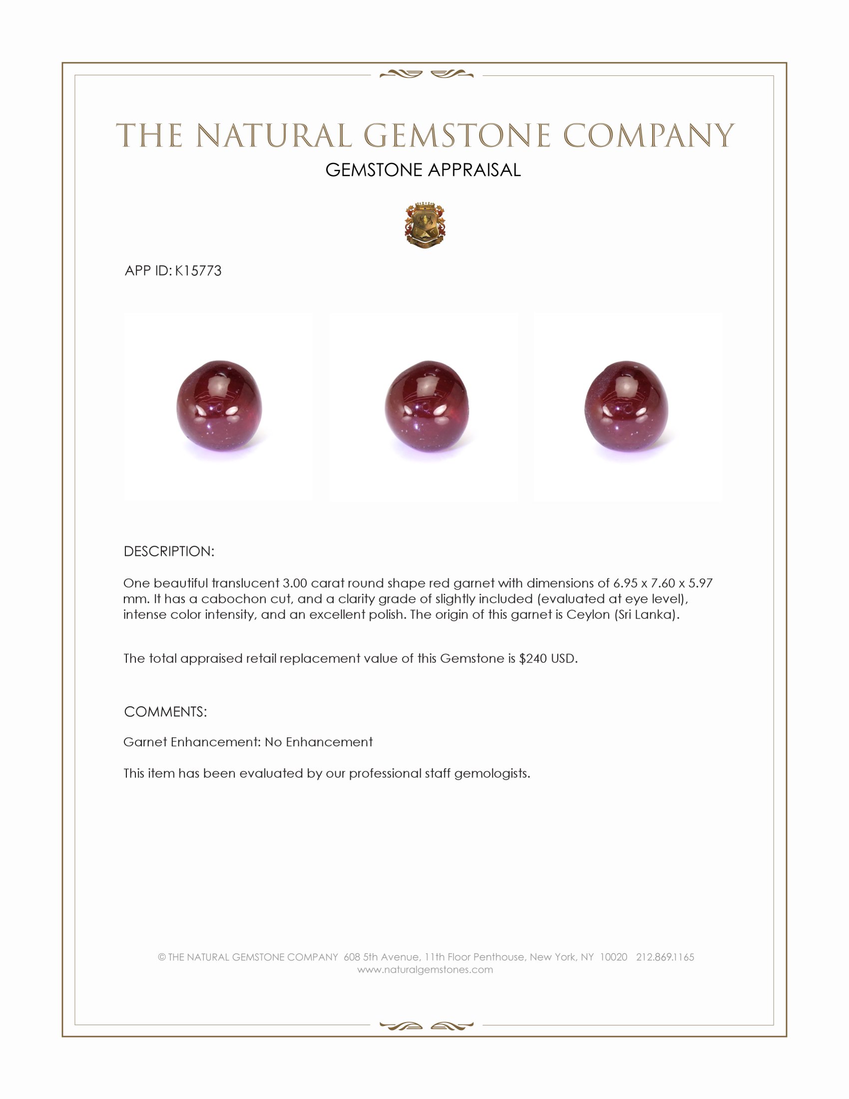 3.00 Ct. Cabochon Garnet from Ceylon (Sri Lanka)