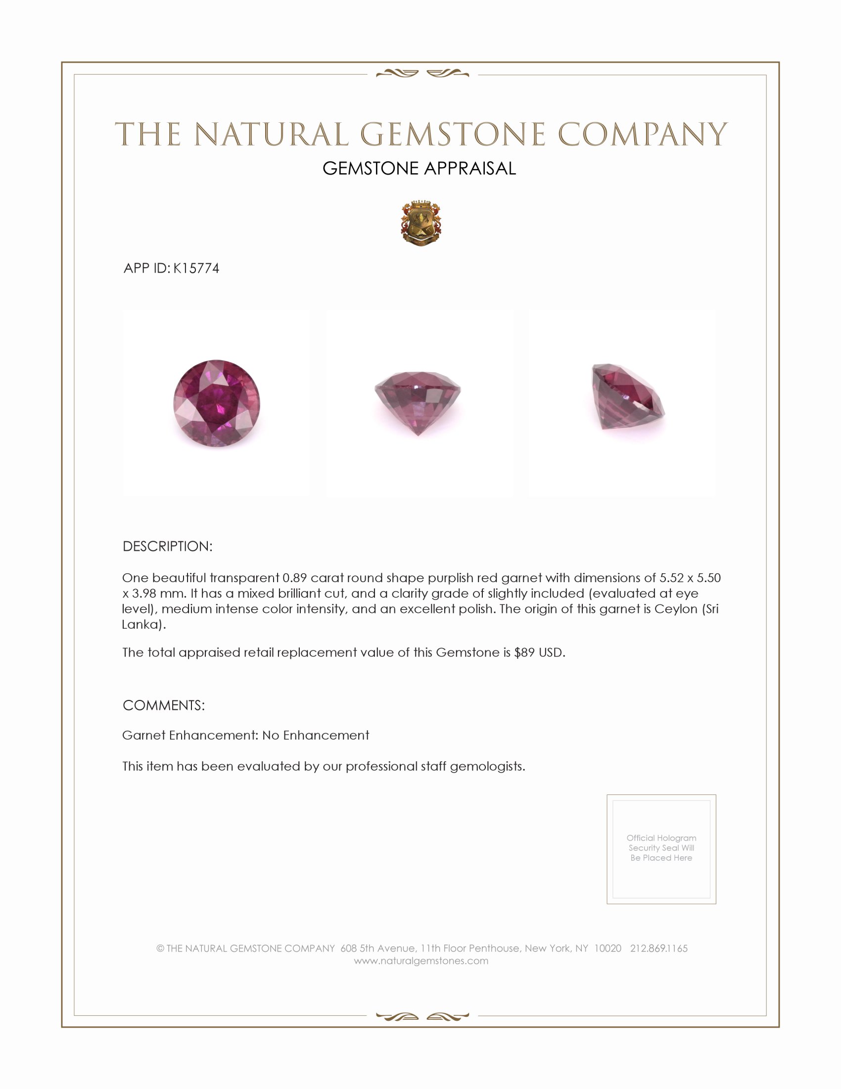 0.89 Ct. Garnet from Ceylon (Sri Lanka)
