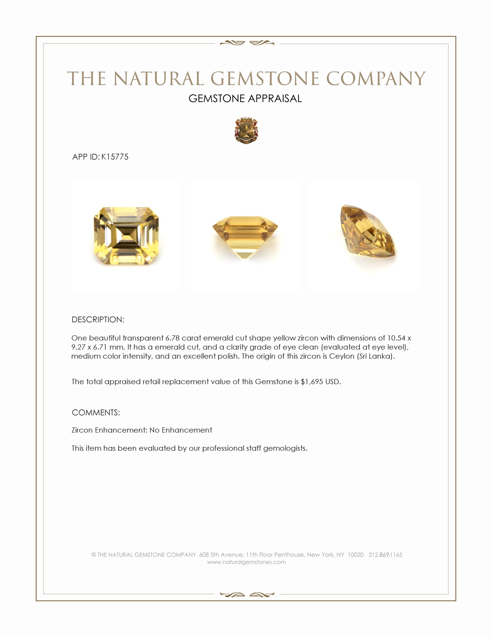 6.78 Ct. Zircon from Ceylon (Sri Lanka)