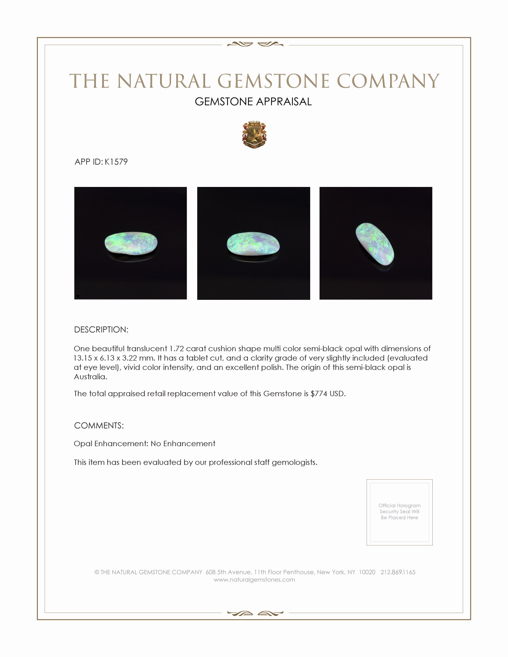 1.72 Ct. Semi-Black Opal from Australia