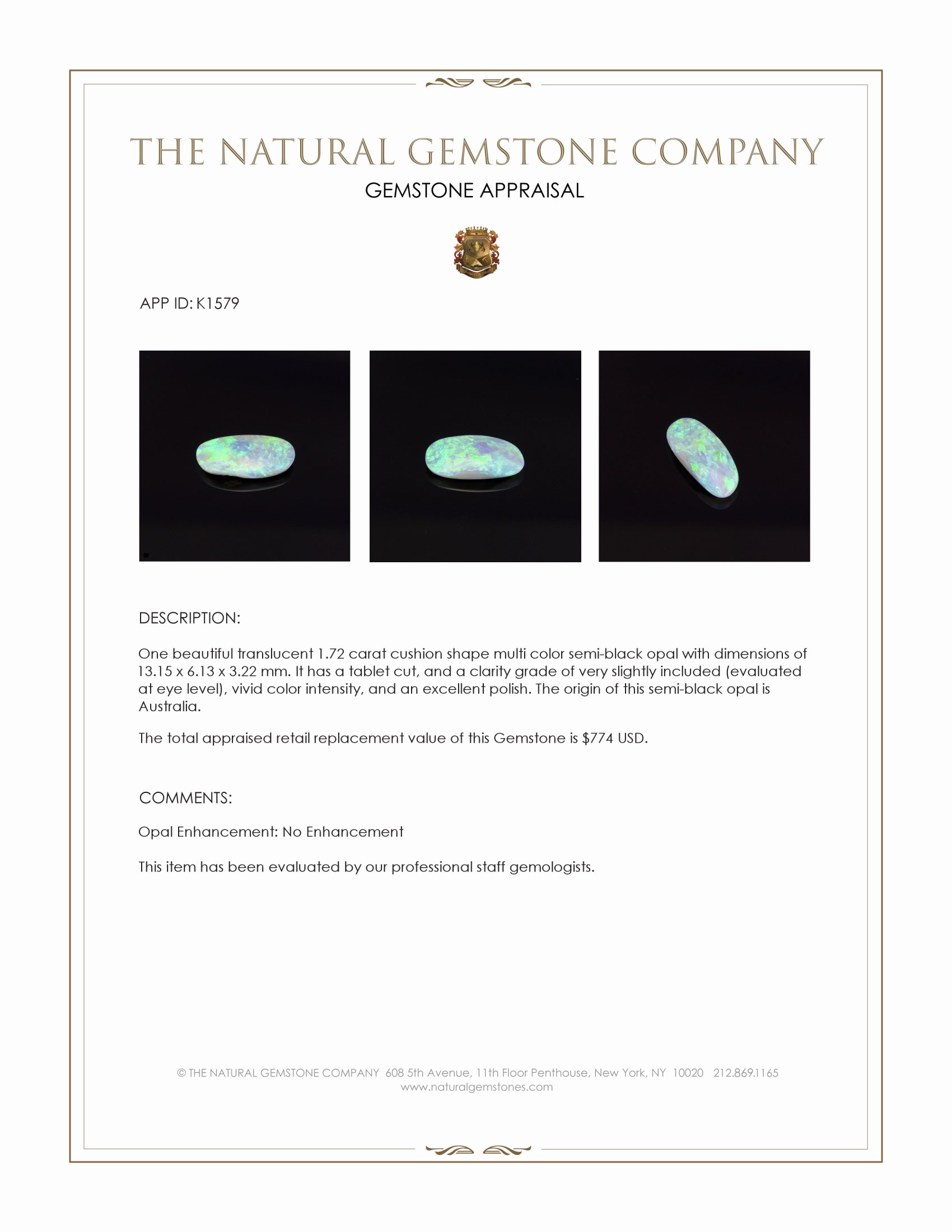 1.72 Ct. Multi Color Semi-Black Opal from Australia