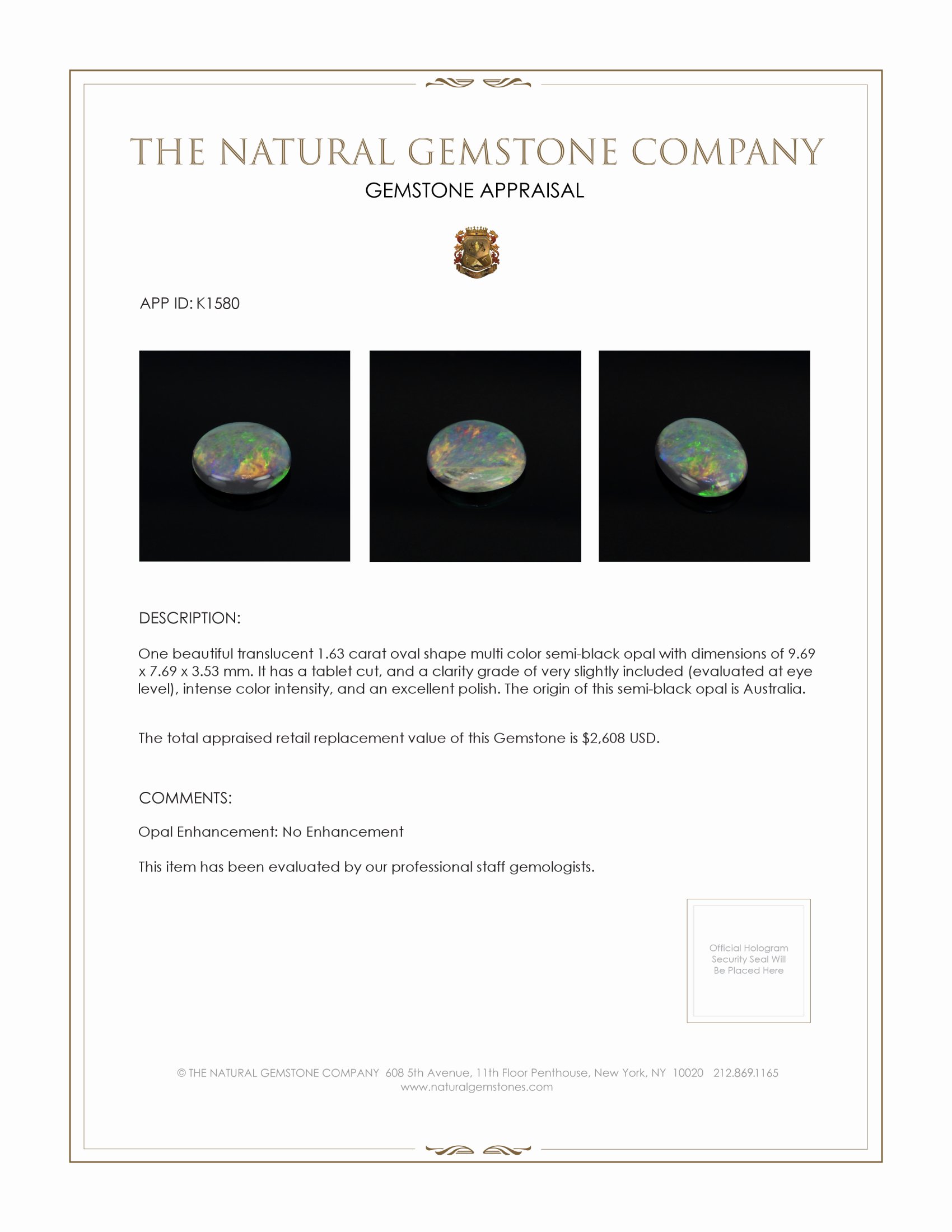 1.63 Ct. Semi-Black Opal from Australia