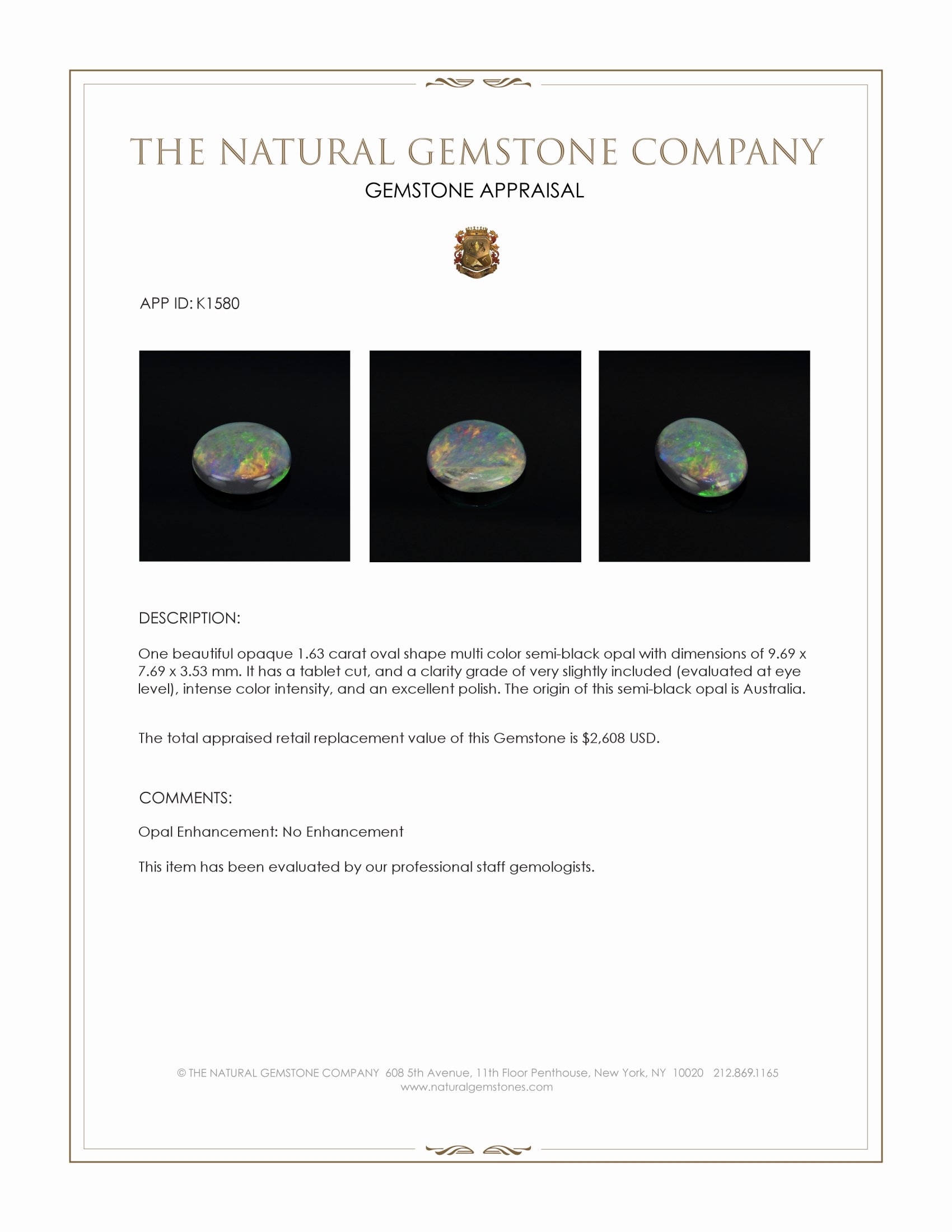 1.63 Ct. Semi-Black Opal from Australia