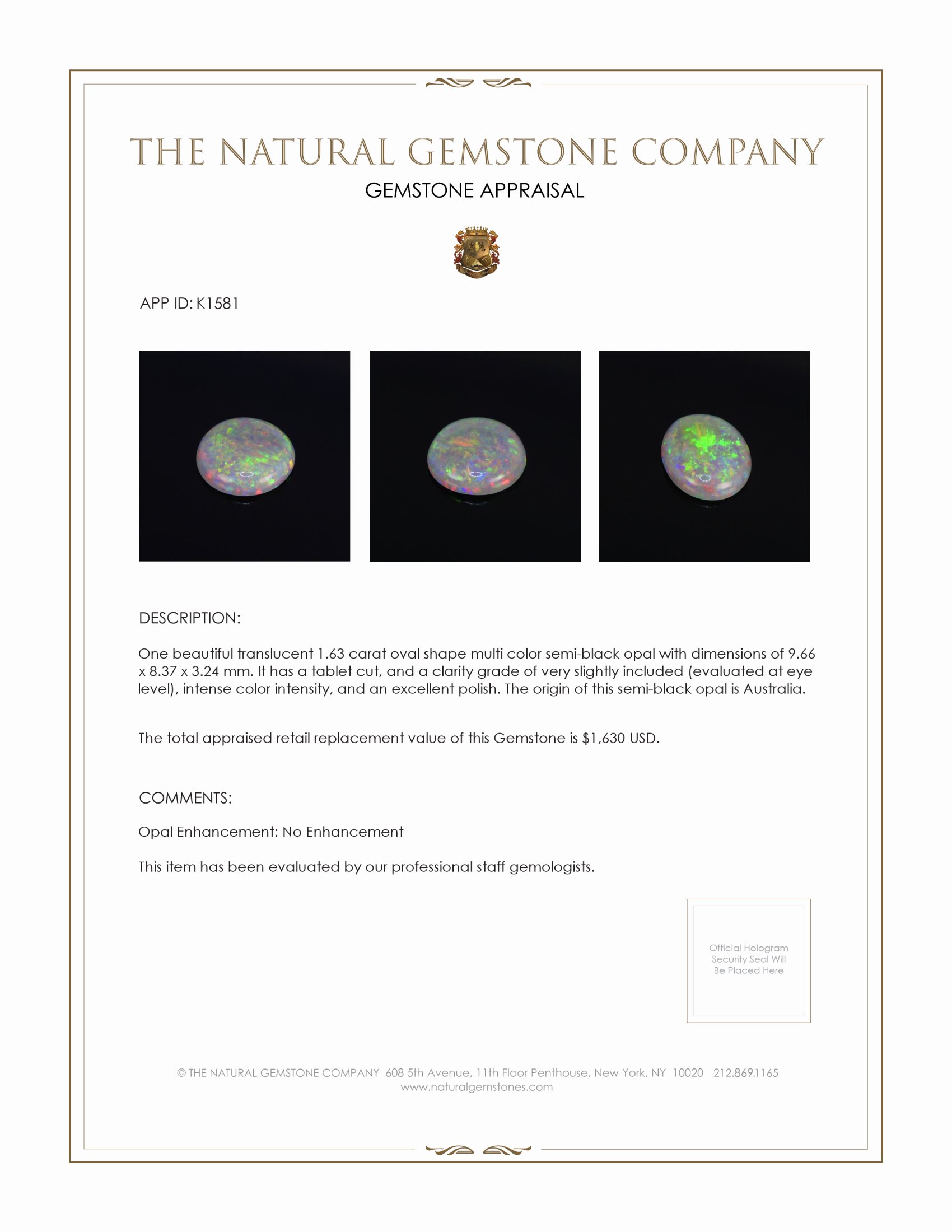 1.63 Ct. Semi-Black Opal from Australia