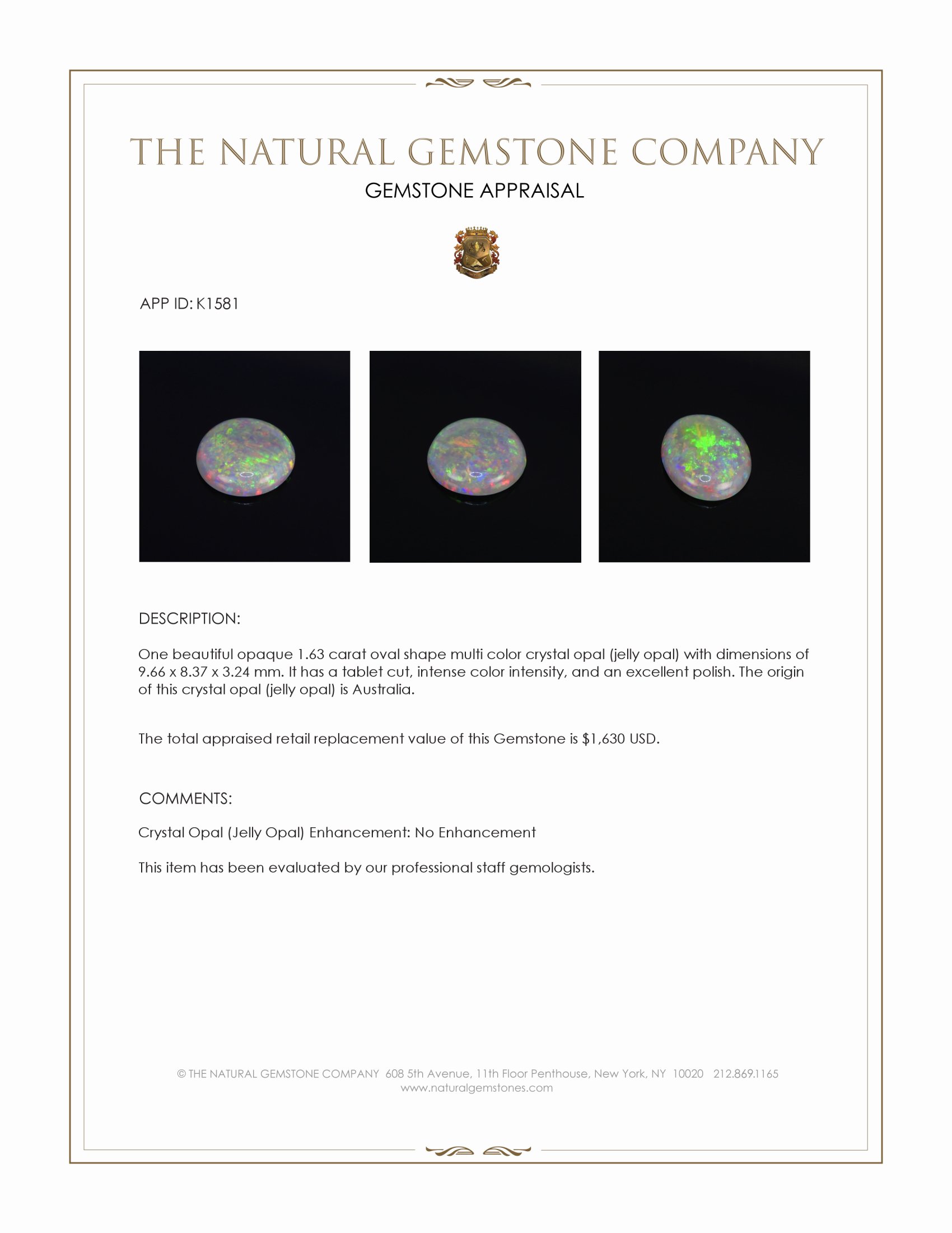 1.63 Ct. Multi Color Crystal Opal (Jelly Opal) from Australia