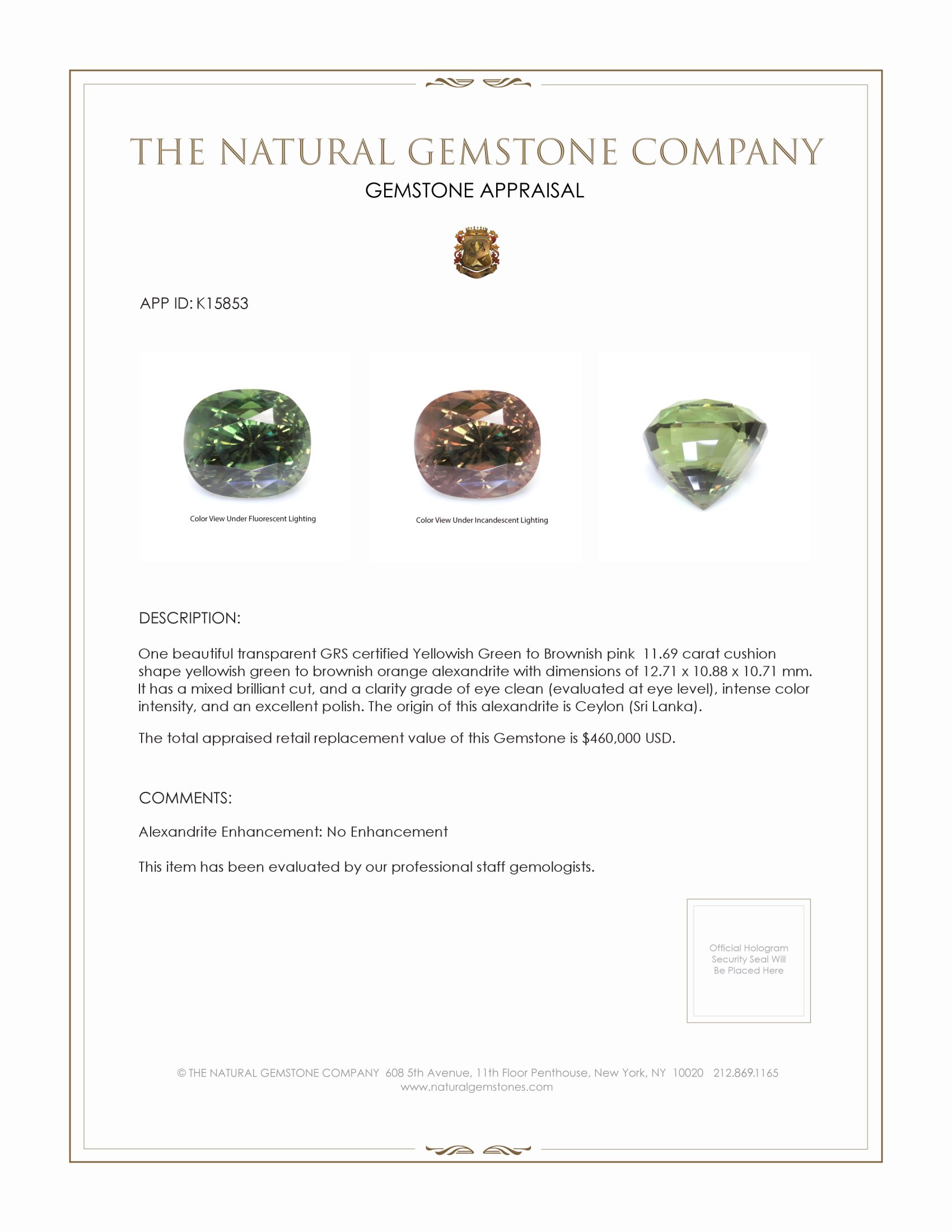 11.70 Ct. Alexandrite from Ceylon (Sri Lanka)