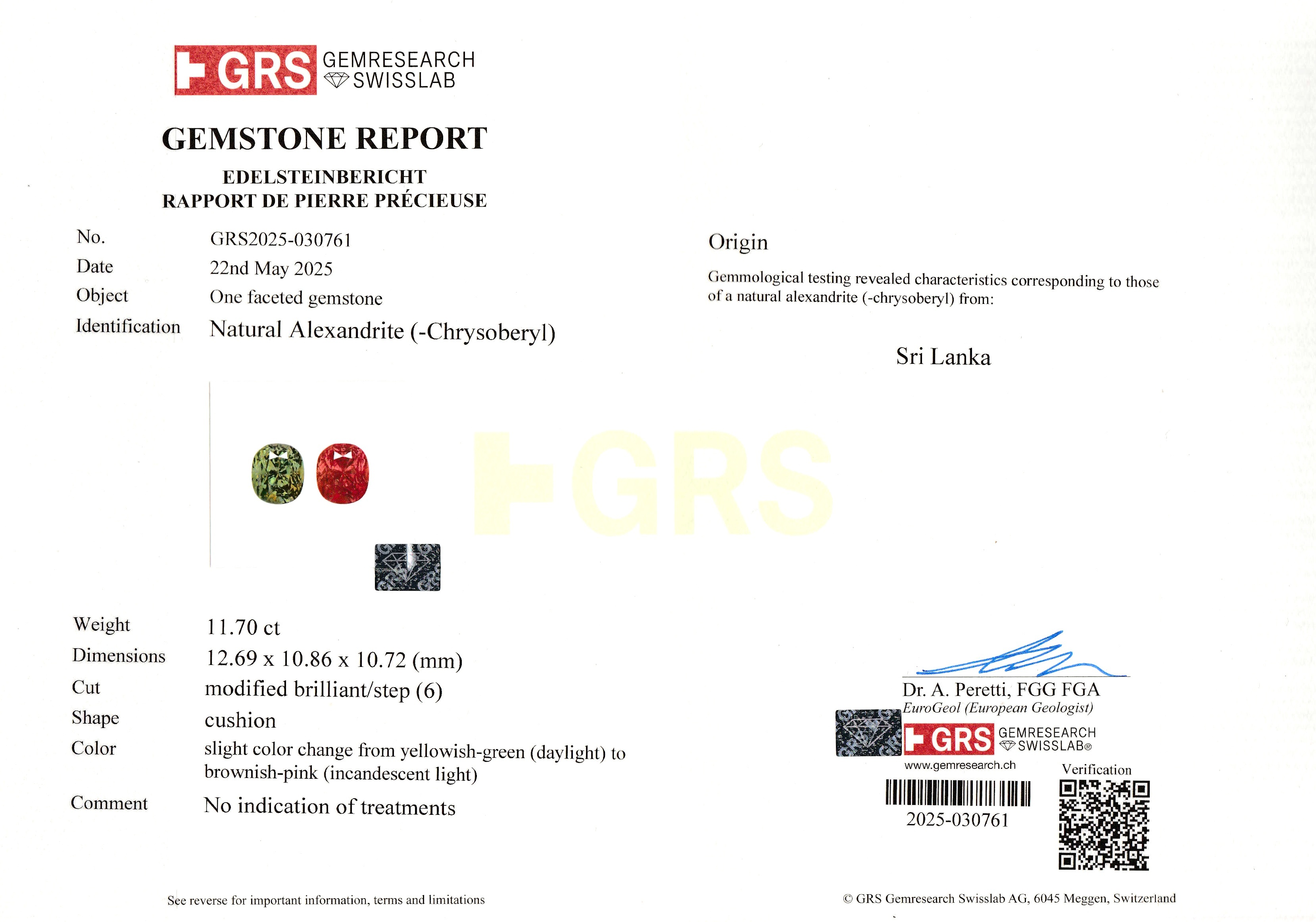 11.70 Ct. Alexandrite from Ceylon (Sri Lanka)