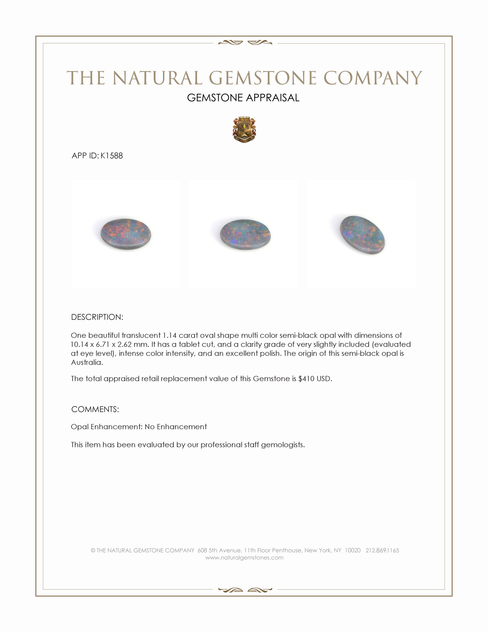 1.14 Ct. Semi-Black Opal from Australia