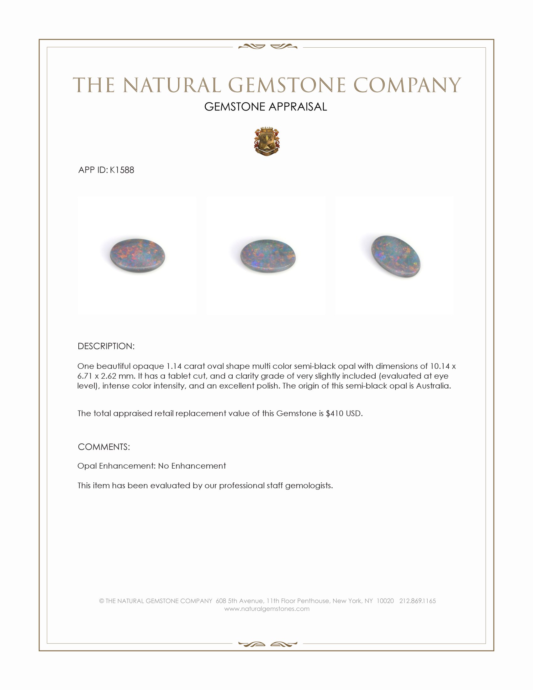 1.14 Ct. Semi-Black Opal from Australia