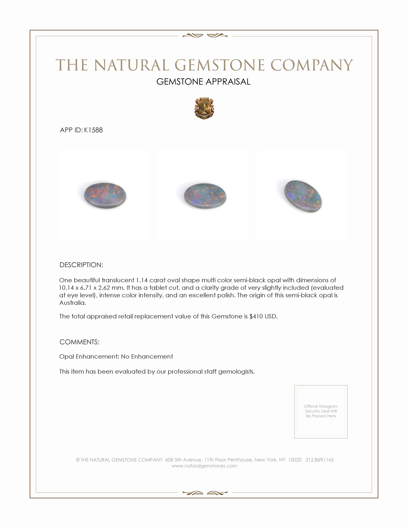 1.14 Ct. Semi-Black Opal from Australia