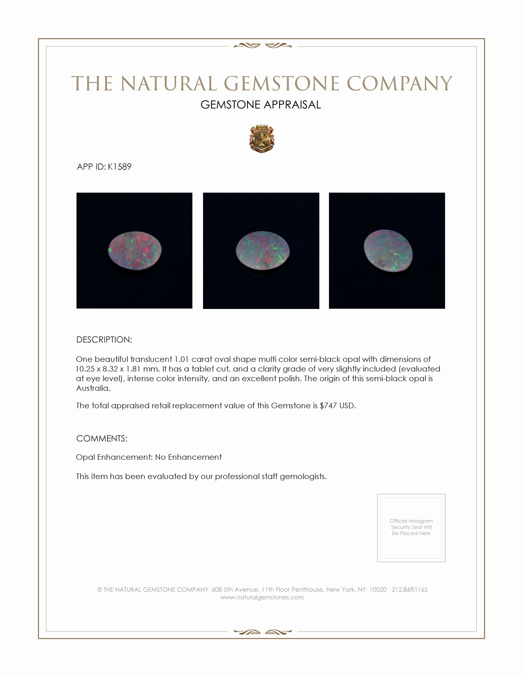 1.01 Ct. Semi-Black Opal from Australia