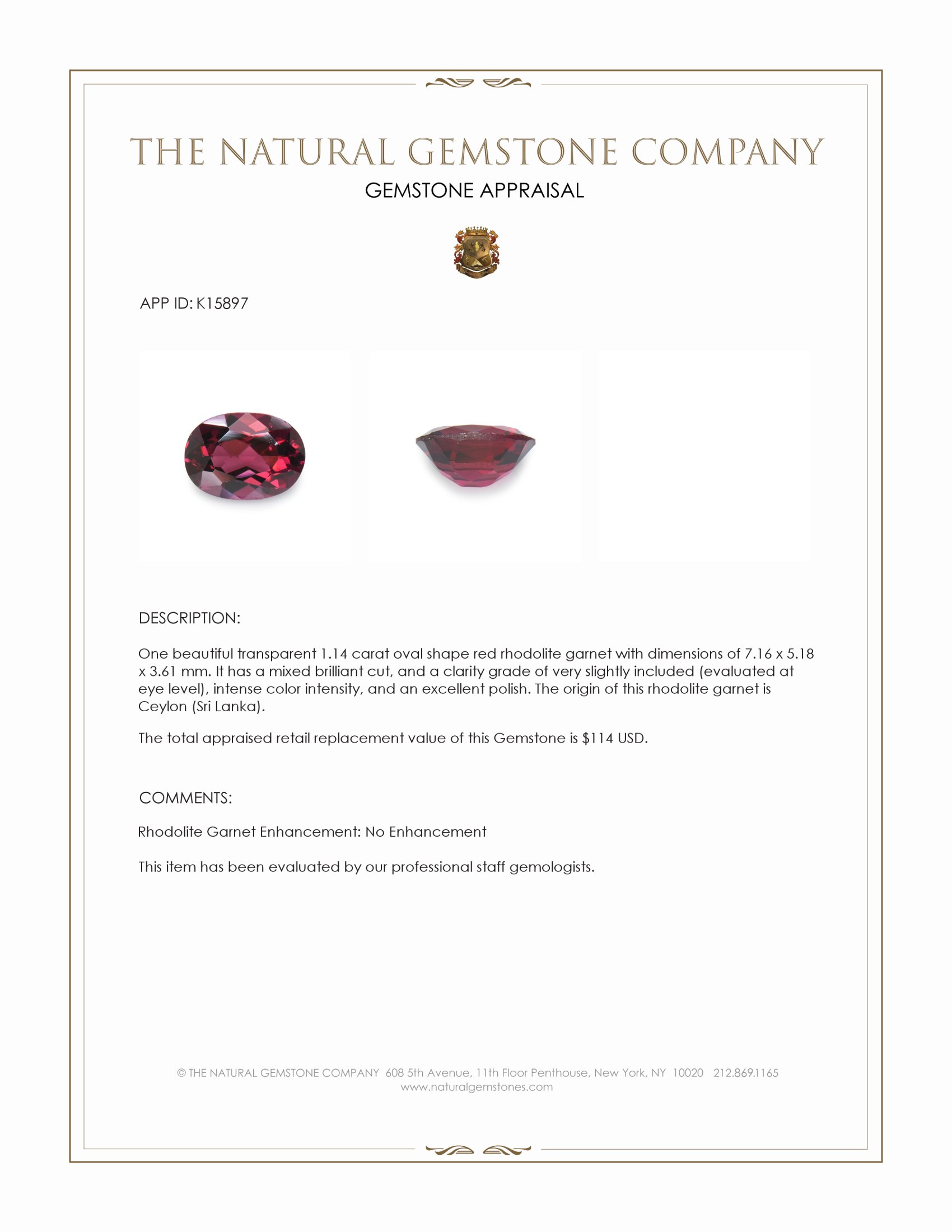 1.14 Ct. Rhodolite Garnet from Ceylon (Sri Lanka)