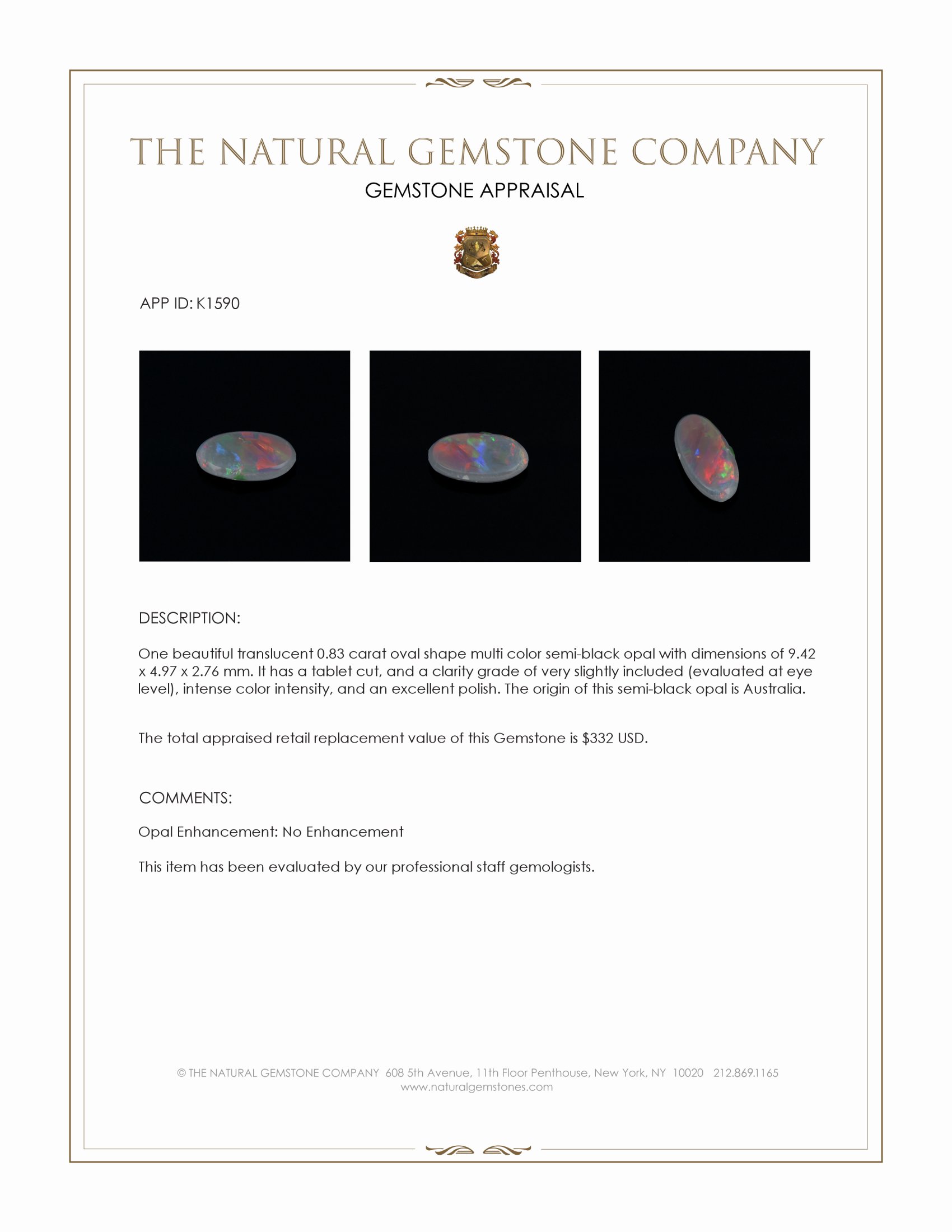 0.83 Ct. Multi Color Semi-Black Opal from Australia