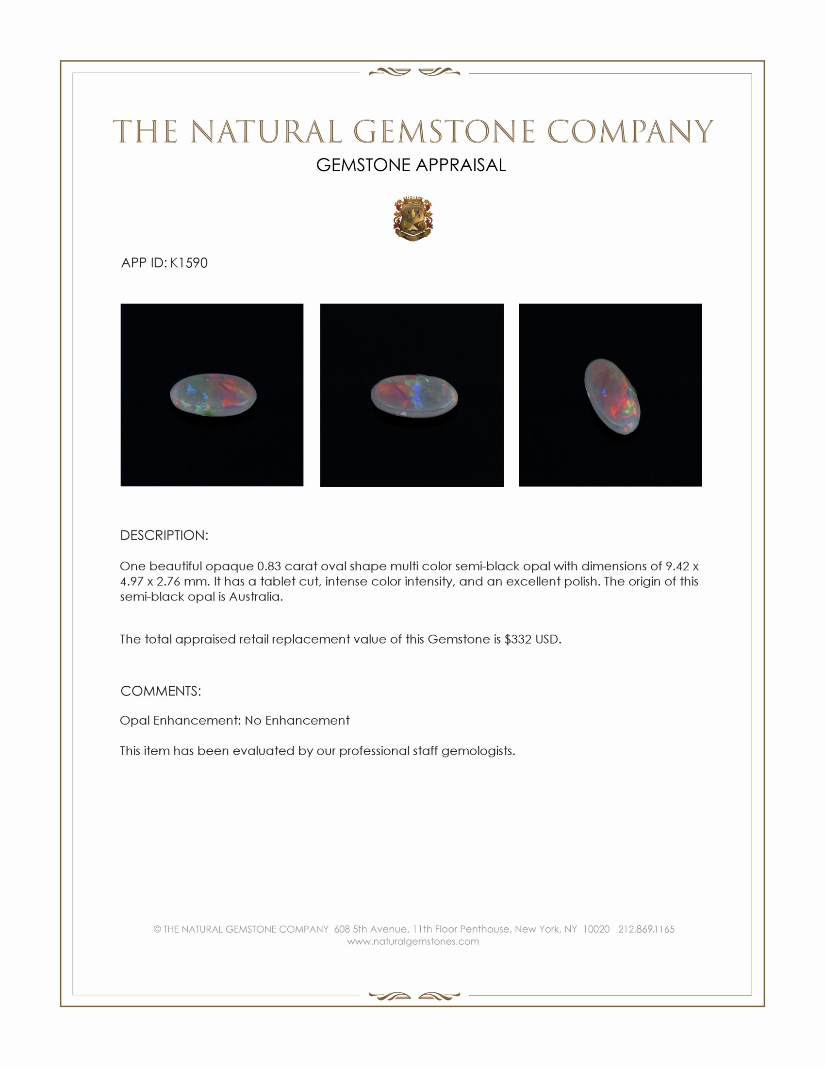 0.83 Ct. Multi Color Semi-Black Opal from Australia